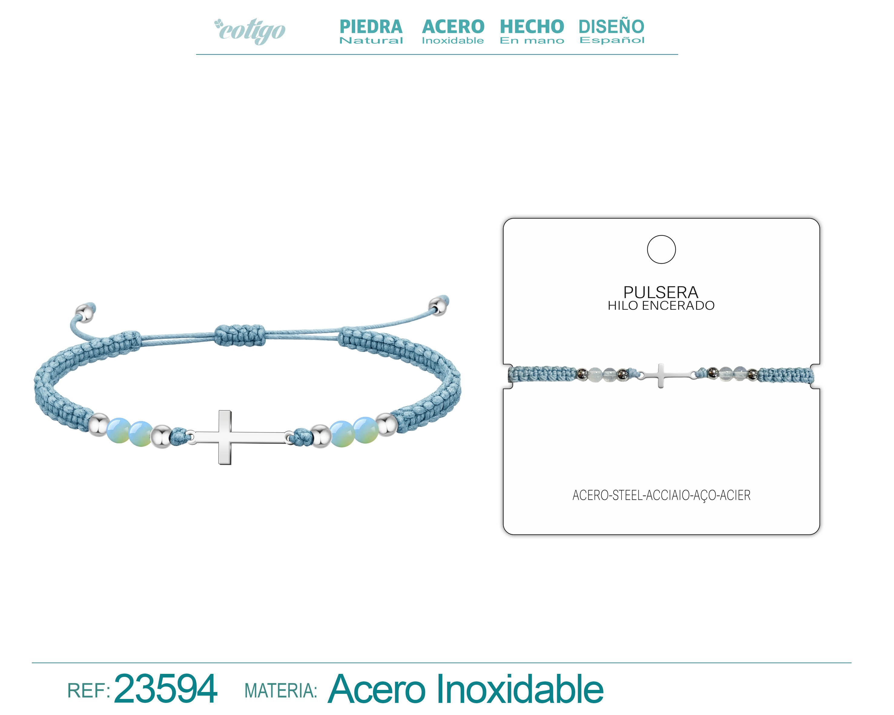 Pulsera Hilo encerado con Opalina Y Cruz latina Acero