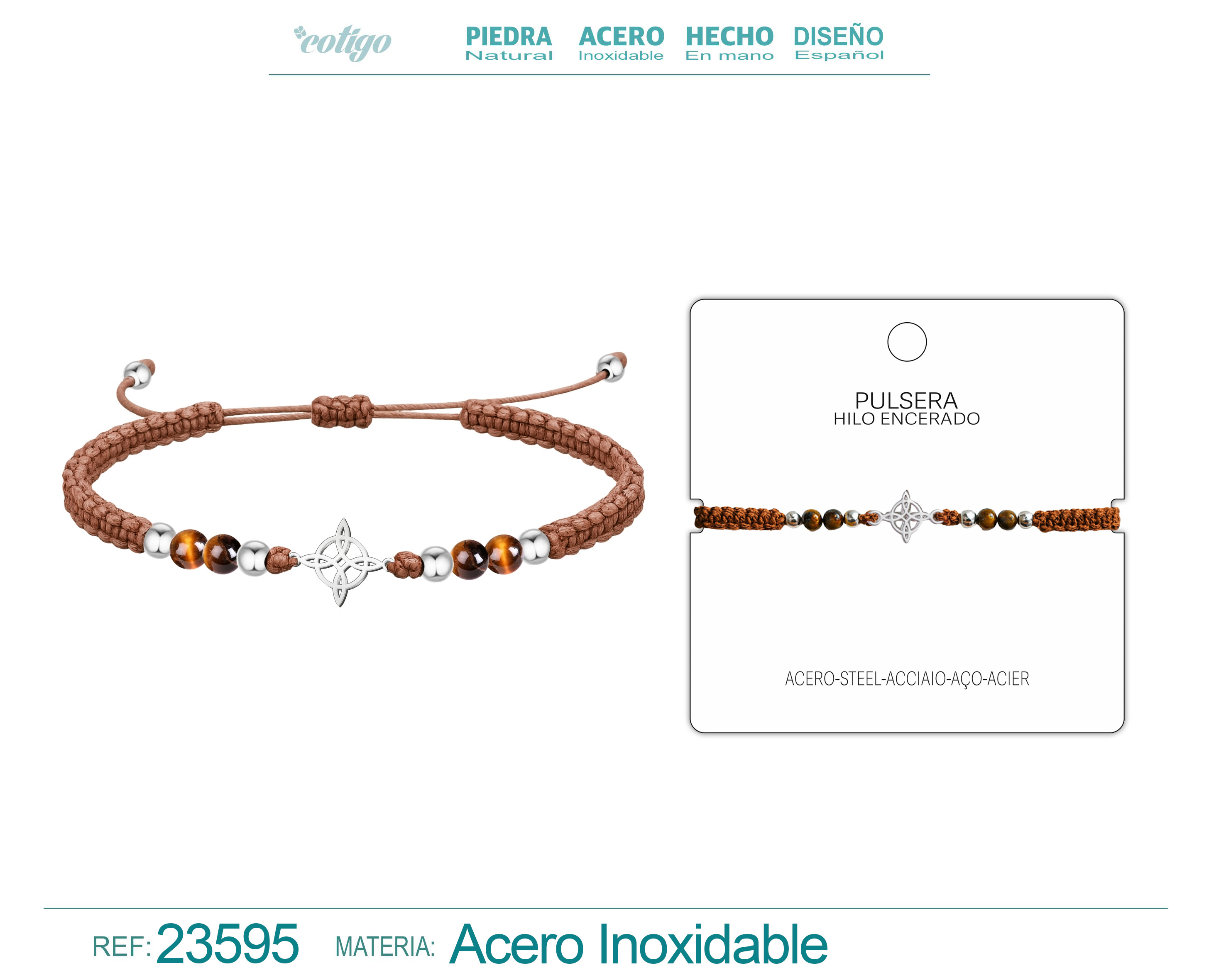 Pulsera Hilo encerado con Ojo de Tigre Y Nudo de Bruja Acero