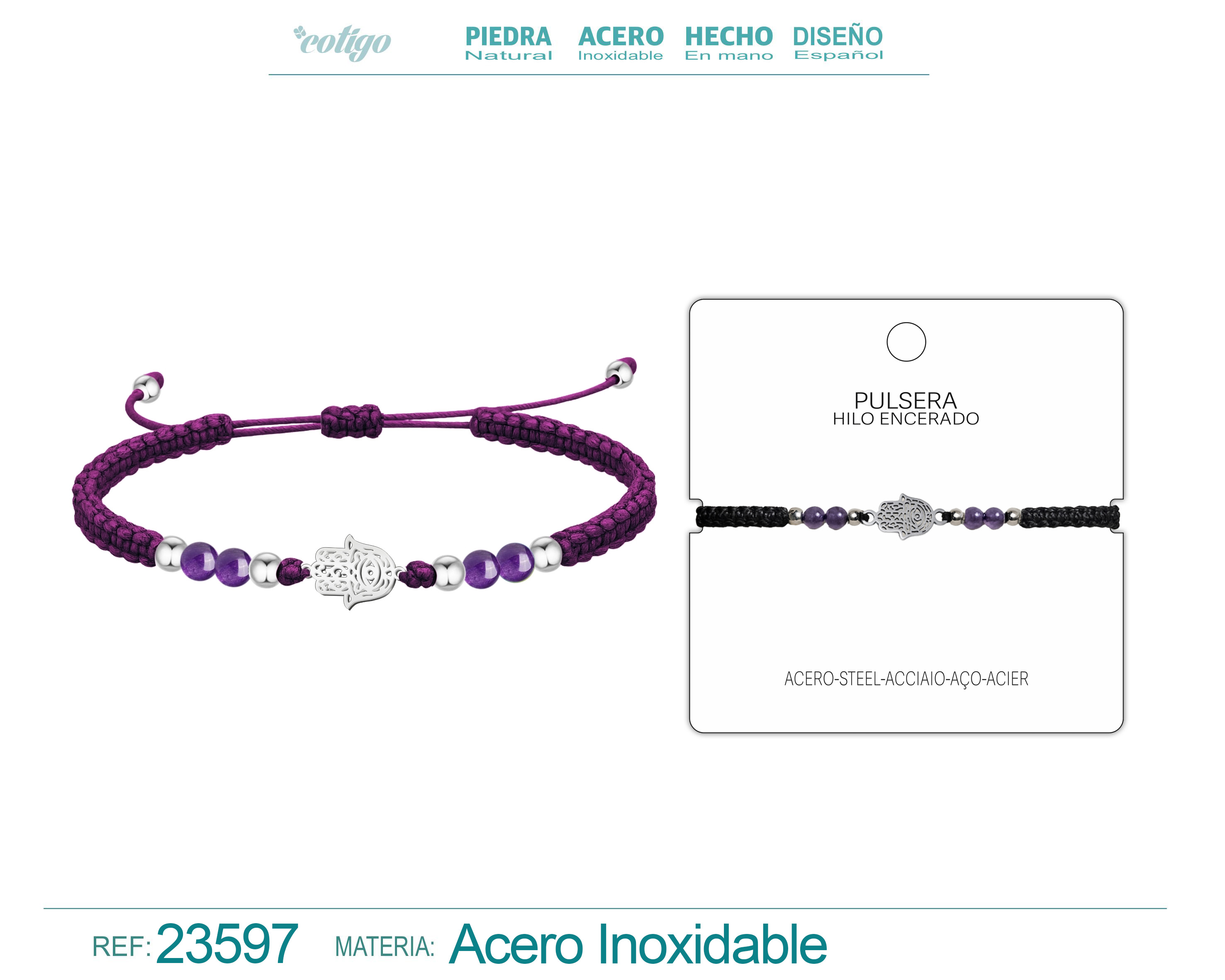 Pulsera Hilo encerado con Amatista Y Mano de Fatima Acero