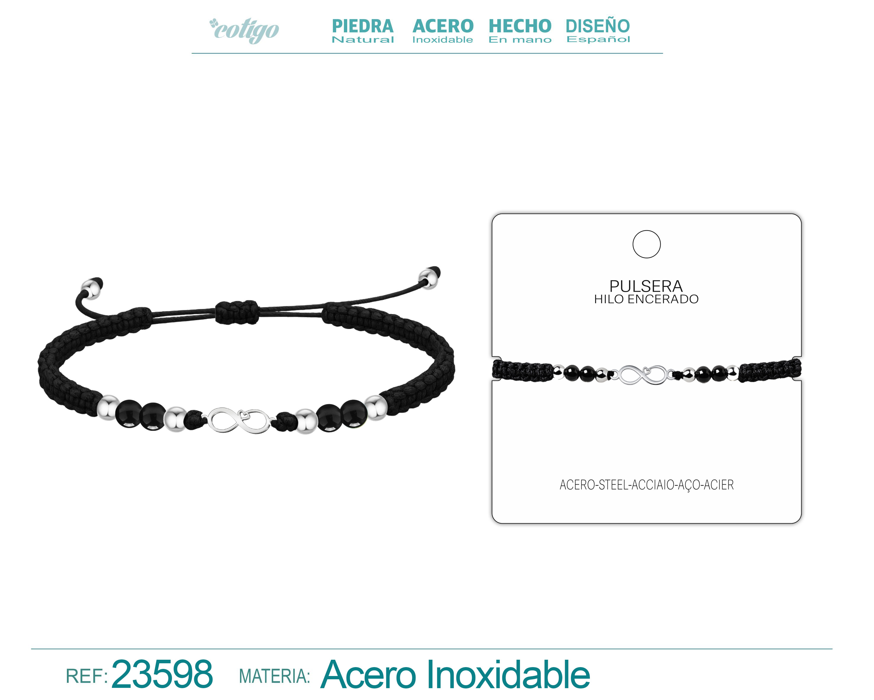 Pulsera Hilo encerado con Agata Negra Y Oso Acero