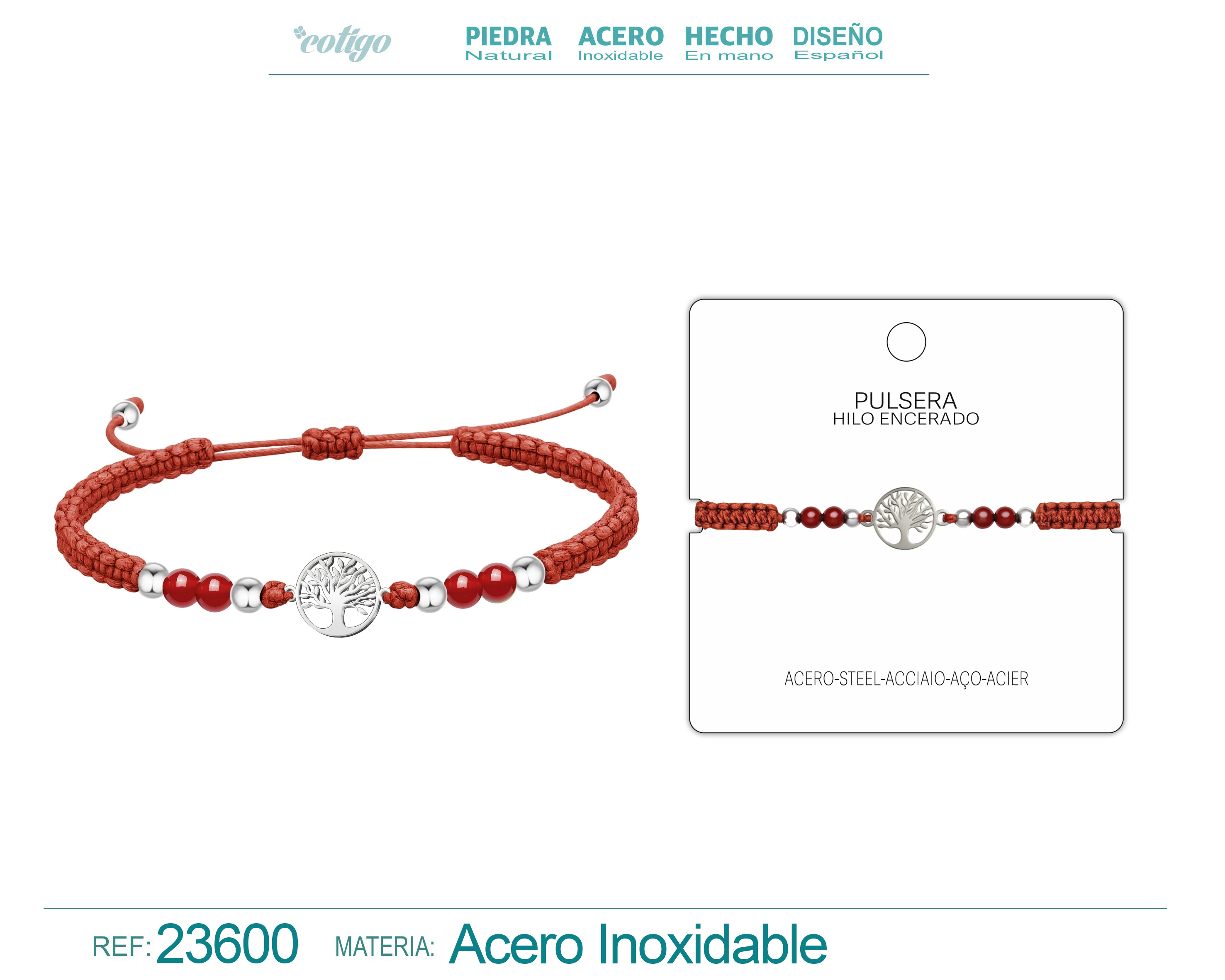 Pulsera Hilo encerado con Carneola Y Arbol de la Vida Acero