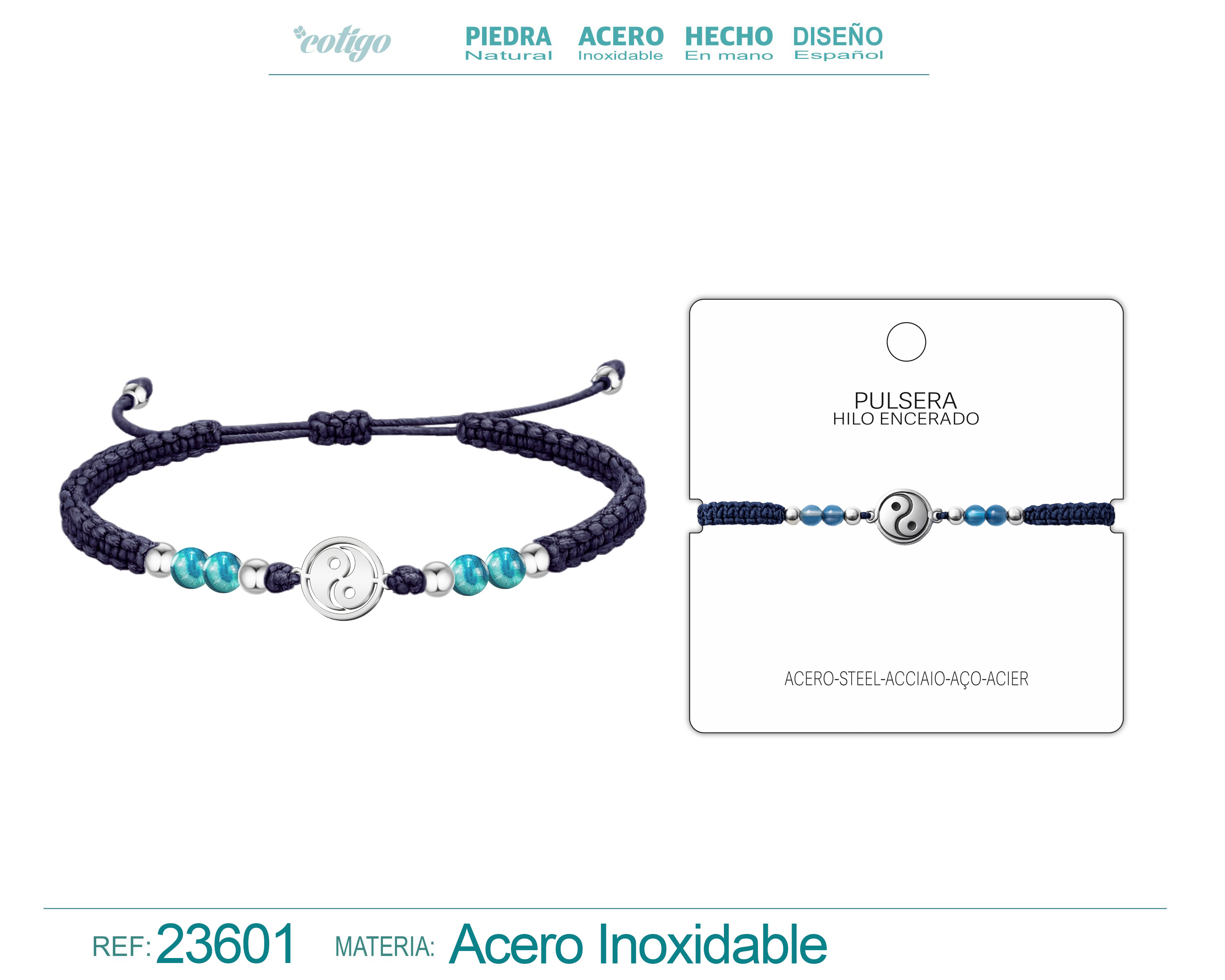 Pulsera Hilo encerado con Agata Azul Y YINYAN Acero