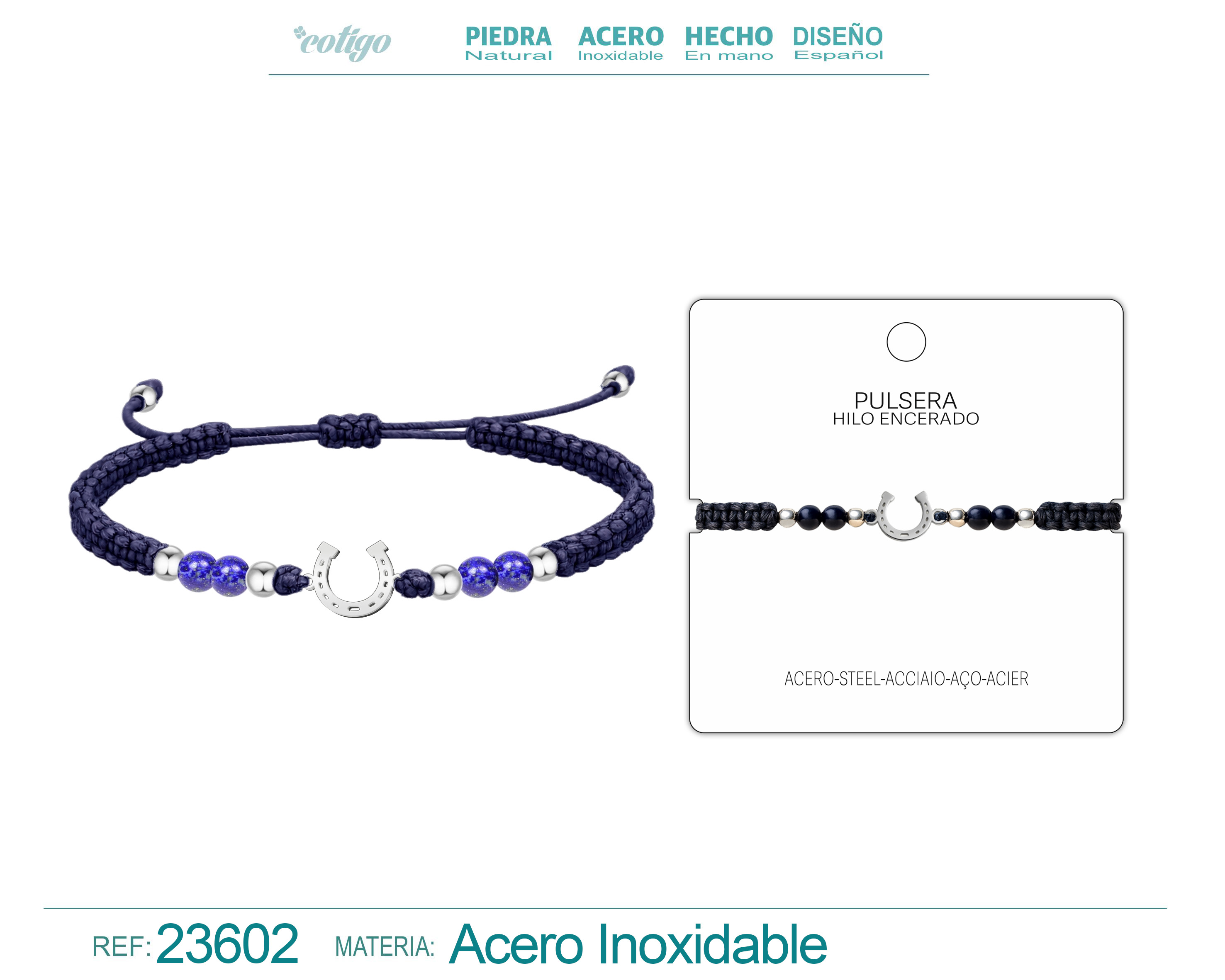 Pulsera Hilo encerado con Lapizrazuli Y Colgante Acero