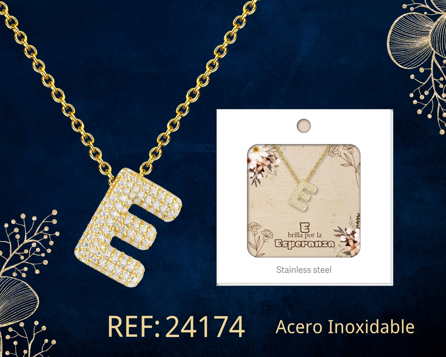 Collar Letra E con Circonita, Acero color Dorado