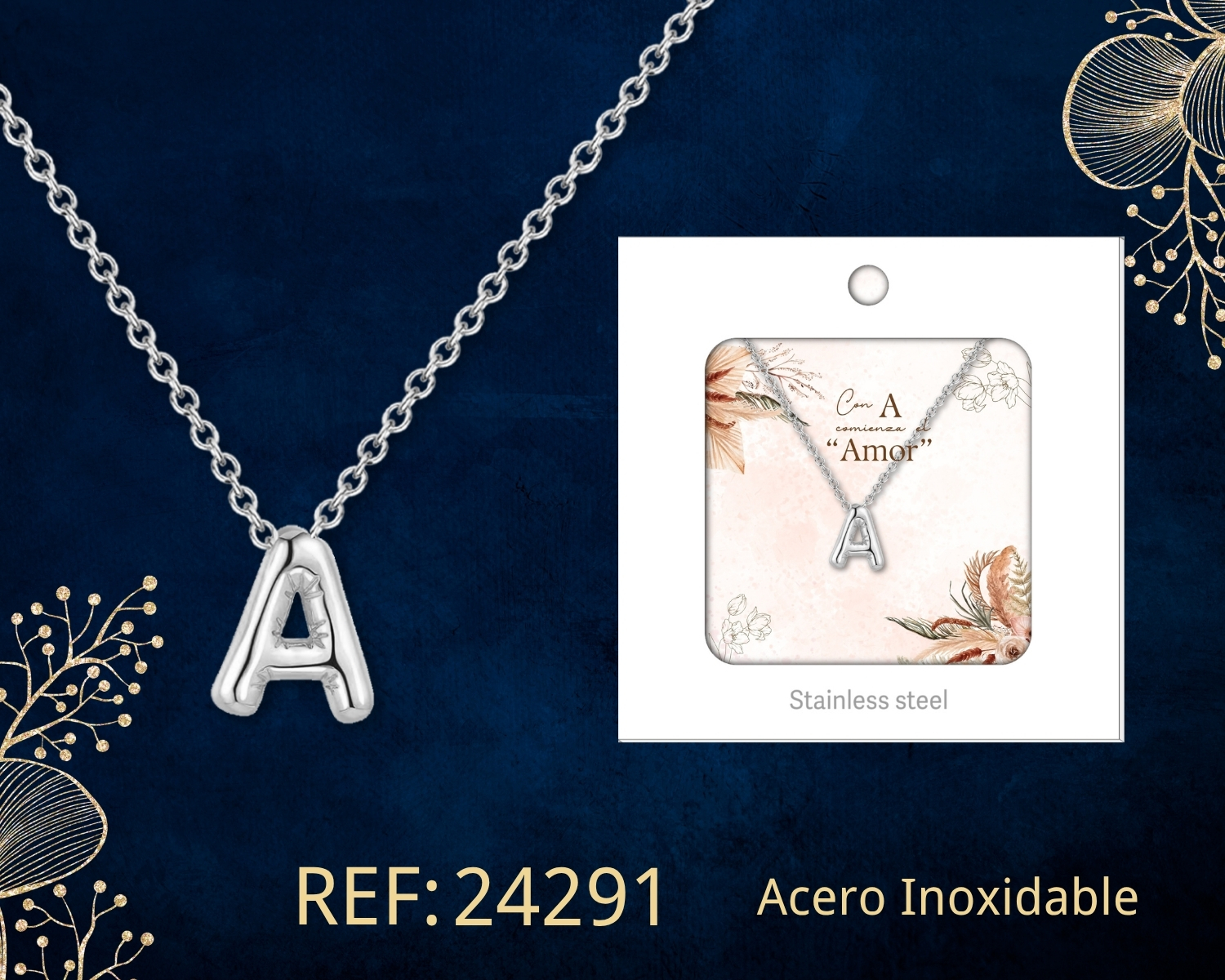 Collar Letra A Acero Plateado con Caja