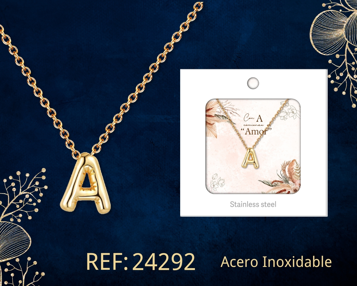Collar Letra A Acero Dorado con Caja