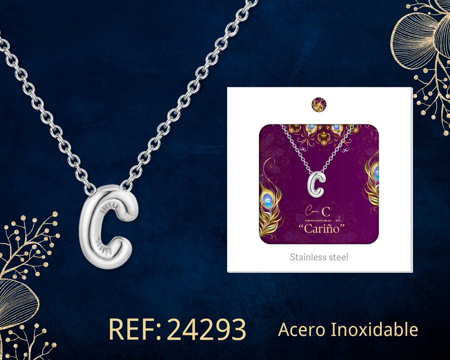 Collar Letra C Acero Plateado con Caja