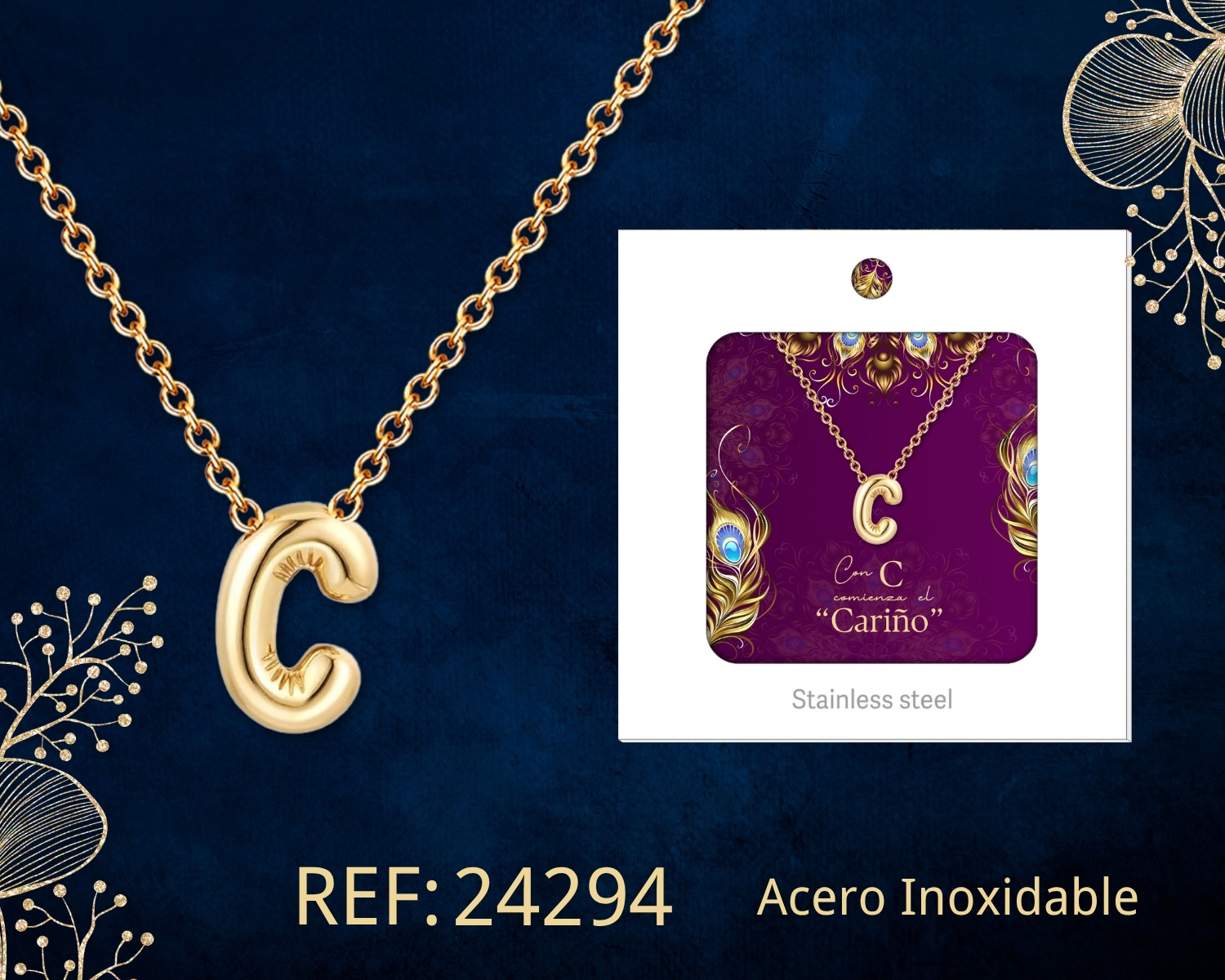 Collar Letra C Acero Dorado con Caja