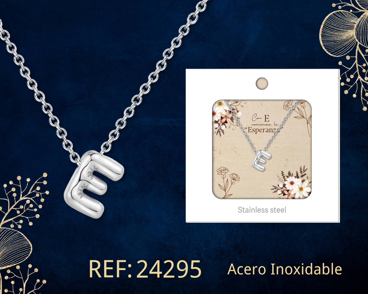 Collar Letra E Acero Plateado con Caja