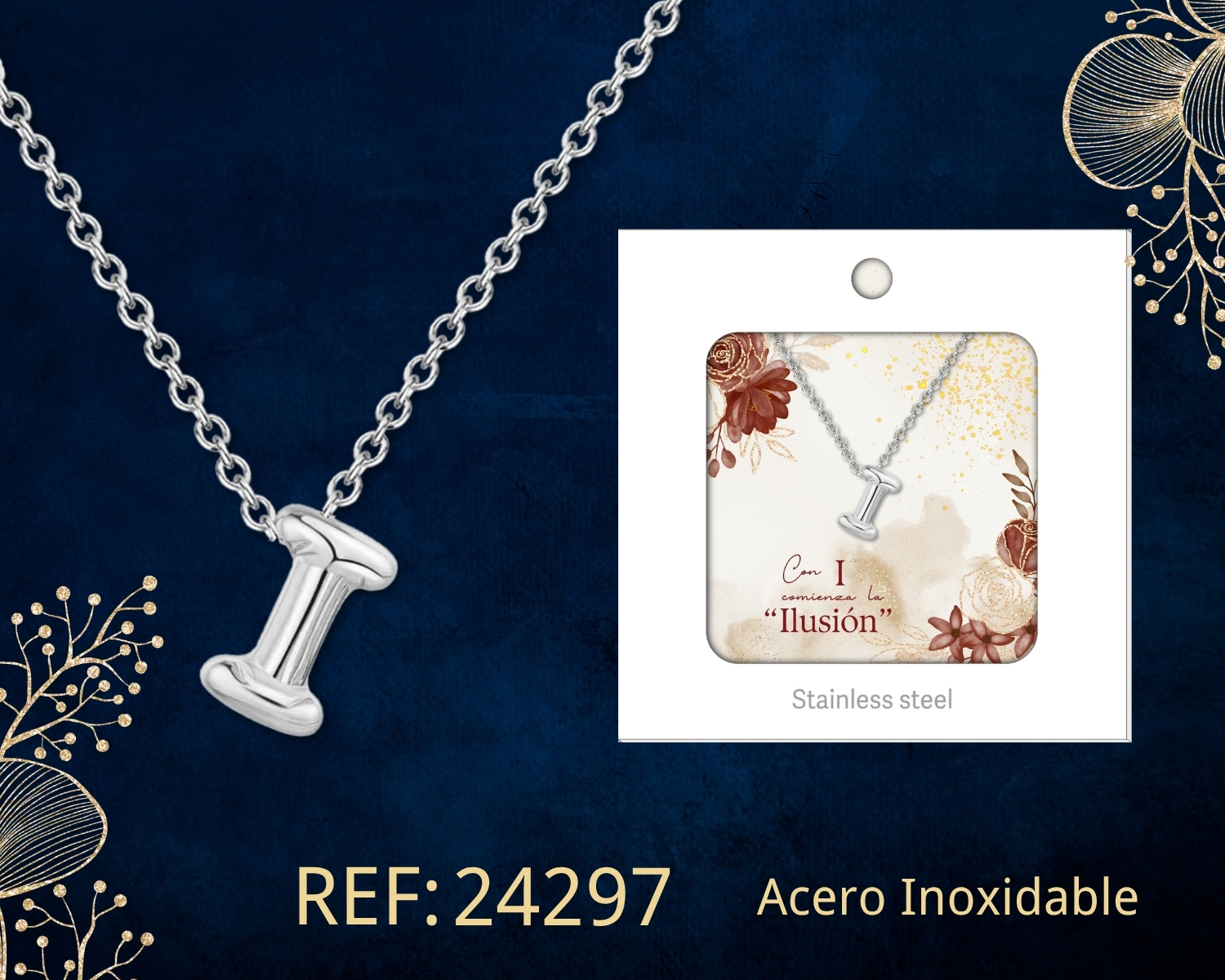 Collar Letra I Acero Plateado con Caja
