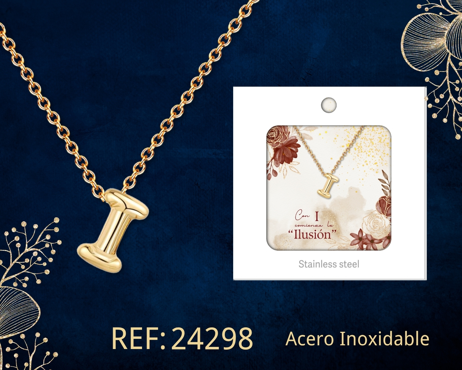 Collar Letra I Acero Dorado con Caja