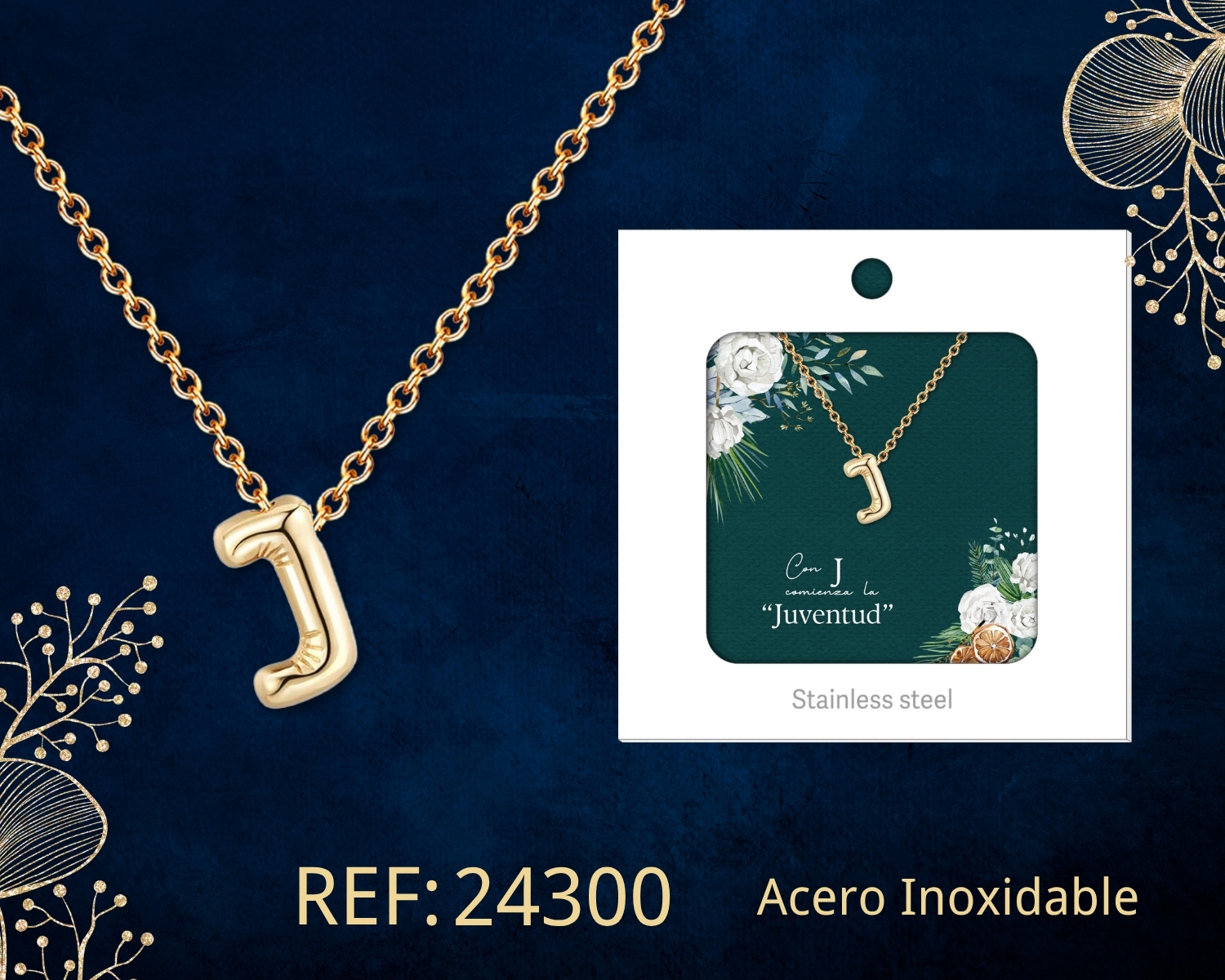 Collar Letra J Acero Dorado con Caja