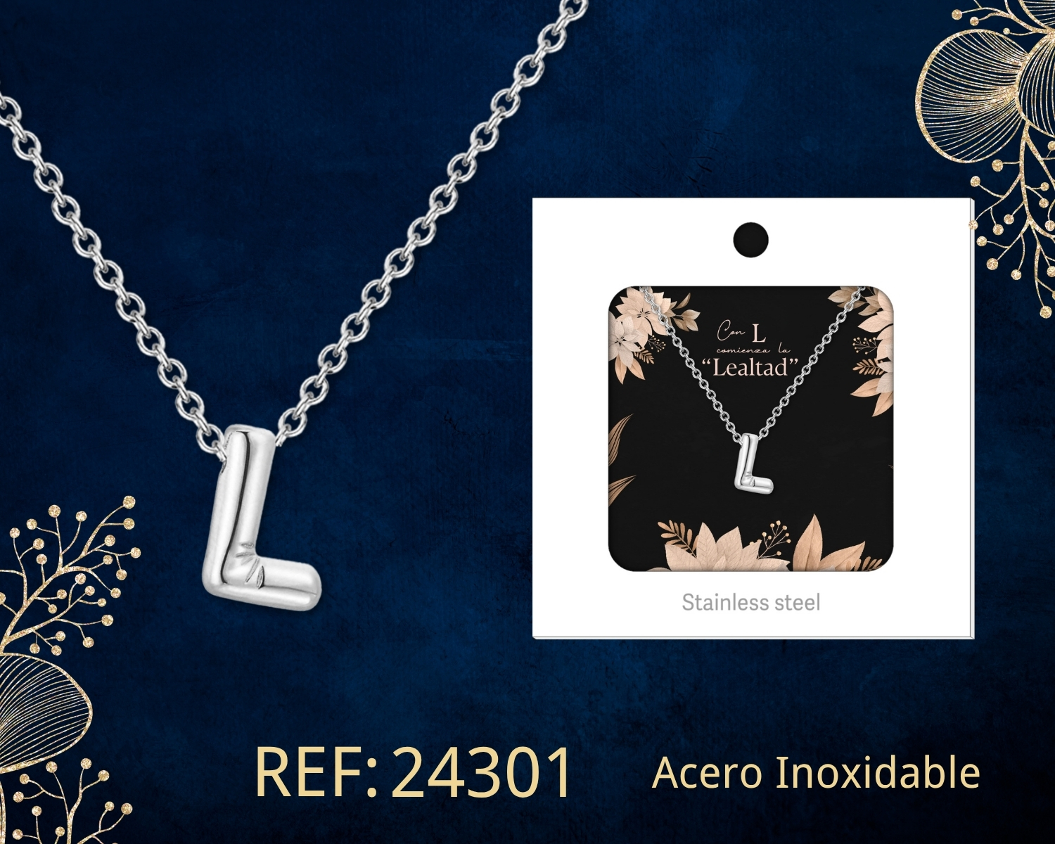 Collar Letra L Acero Plateado con Caja