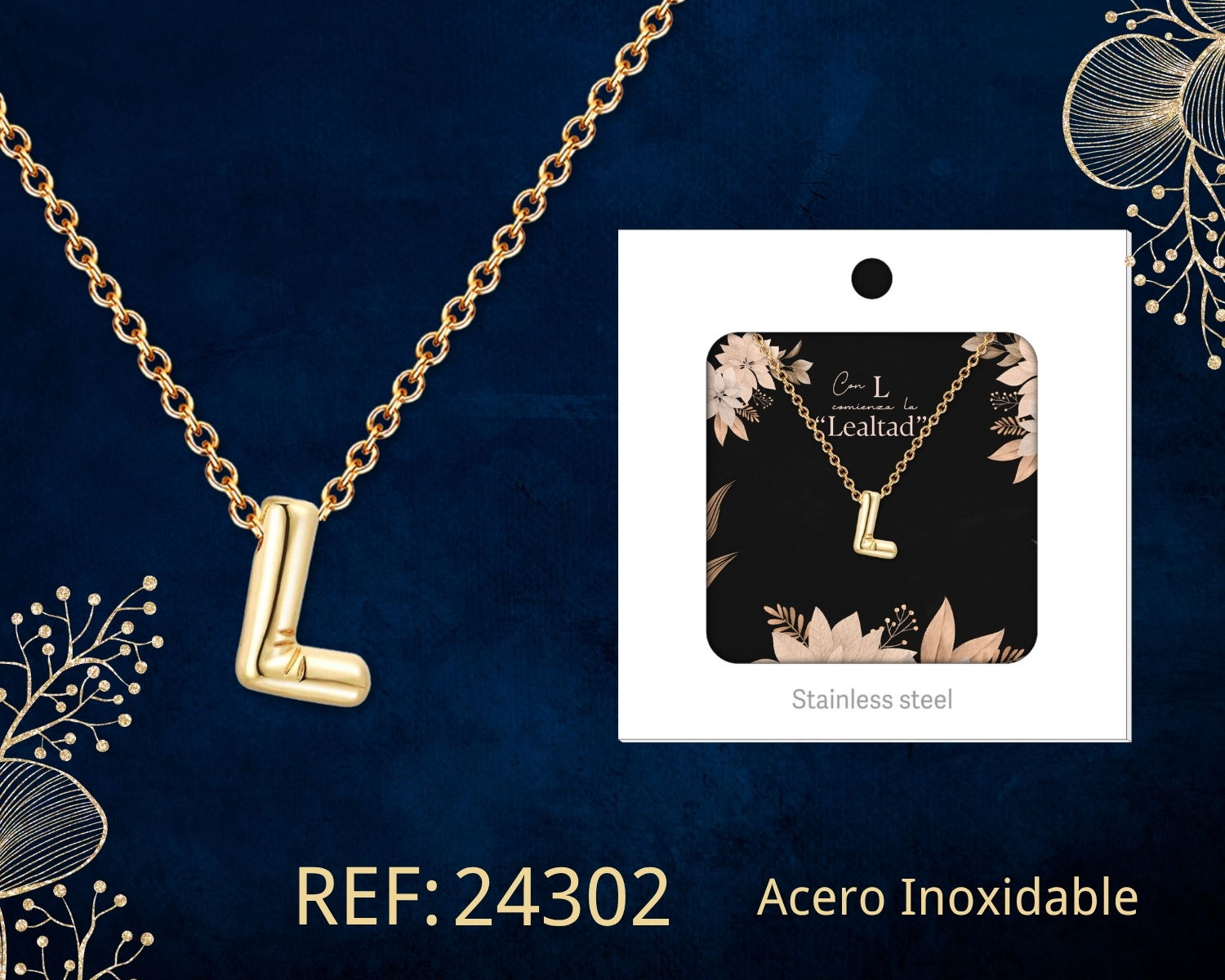 Collar Letra L Acero Dorado con Caja