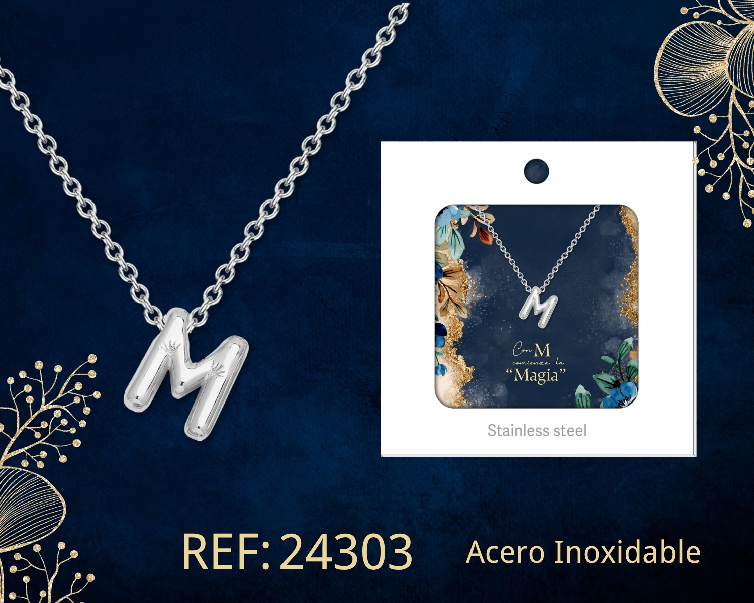 Collar Letra M Acero Plateado con Caja