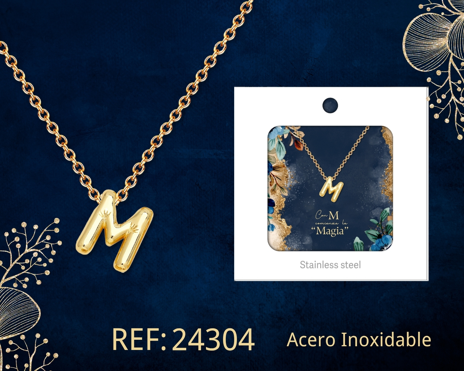 Collar Letra M Acero Dorado con Caja