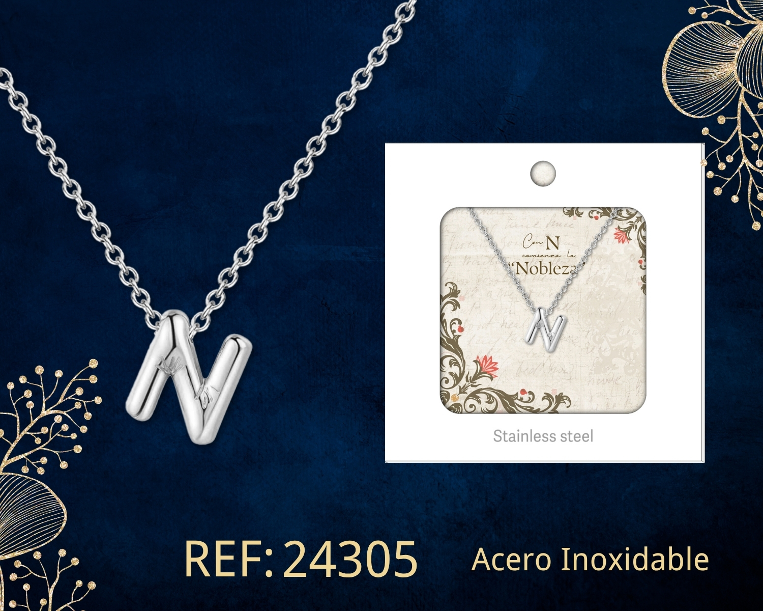 Collar Letra N Acero Plateado con Caja
