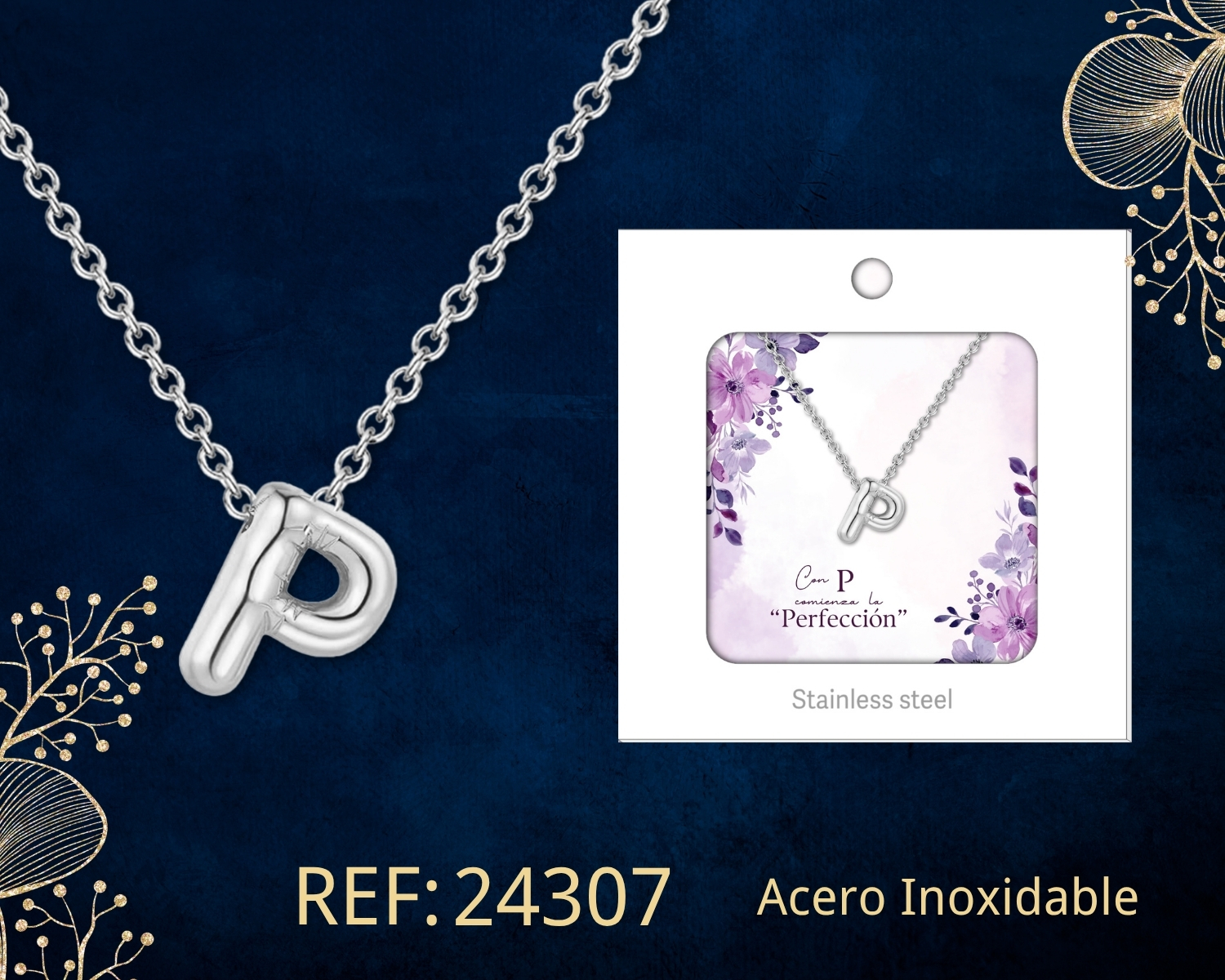 Collar Letra P Acero Plateado con Caja
