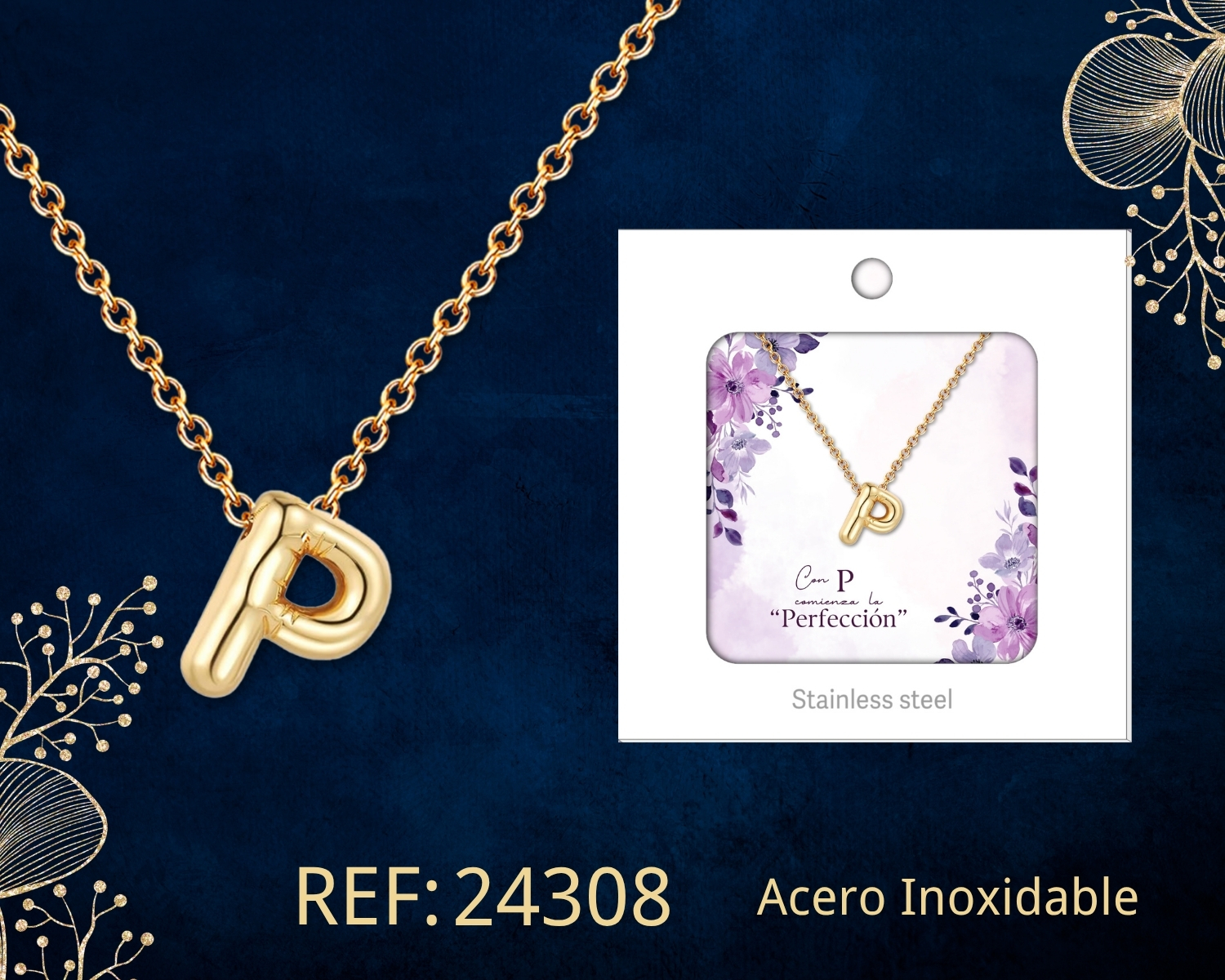Collar Letra P Acero Dorado con Caja