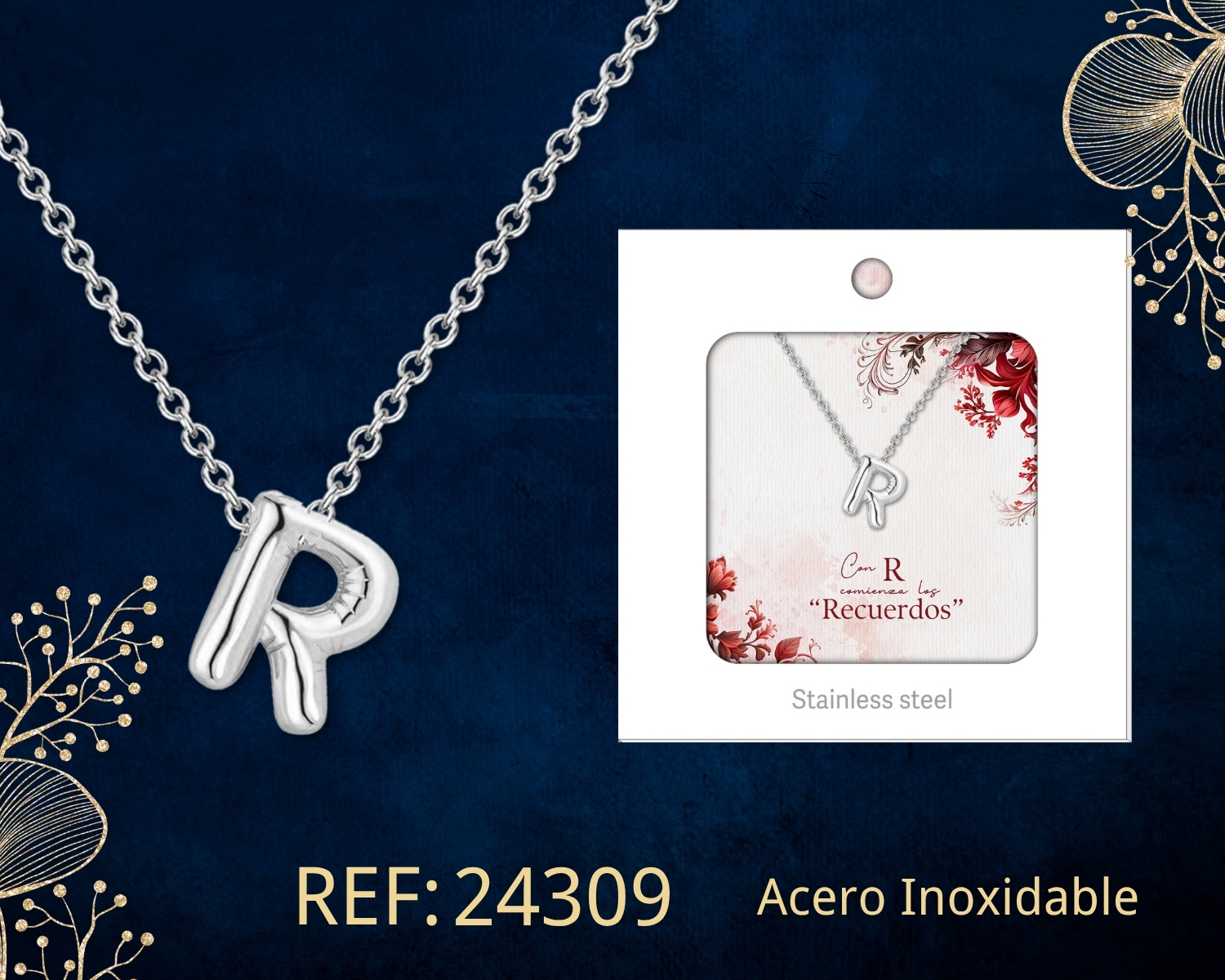 Collar Letra R Acero Plateado con Caja