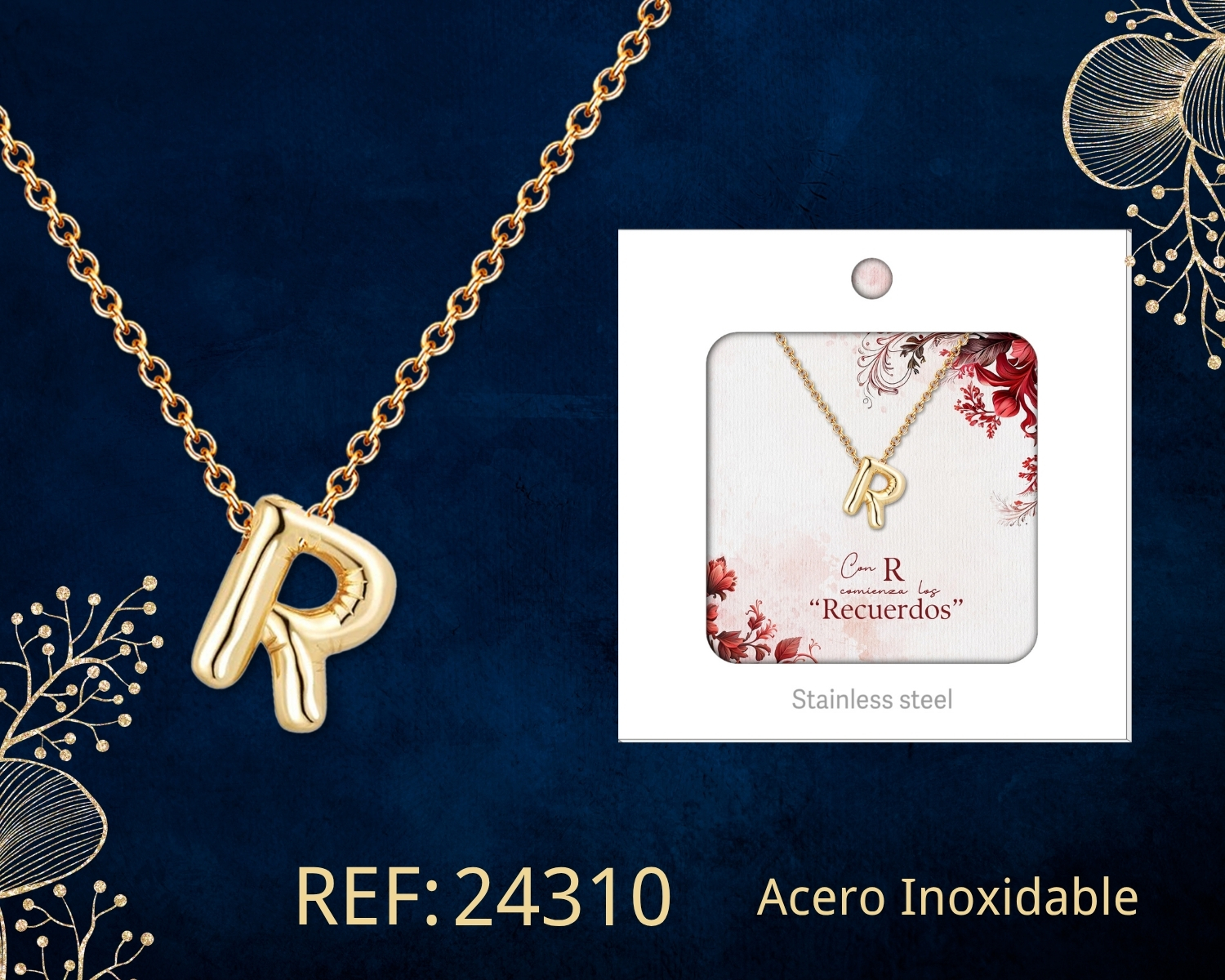 Collar Letra R Acero Dorado con Caja