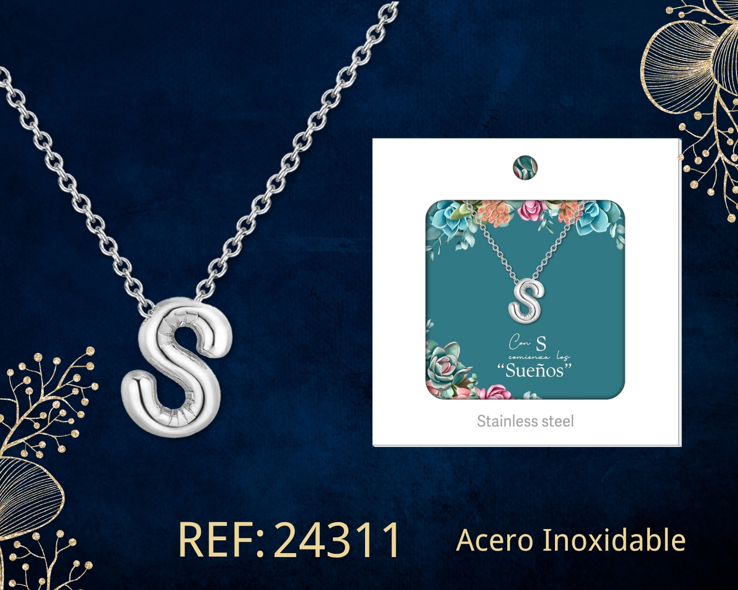 Collar Letra S Acero Plateado con Caja