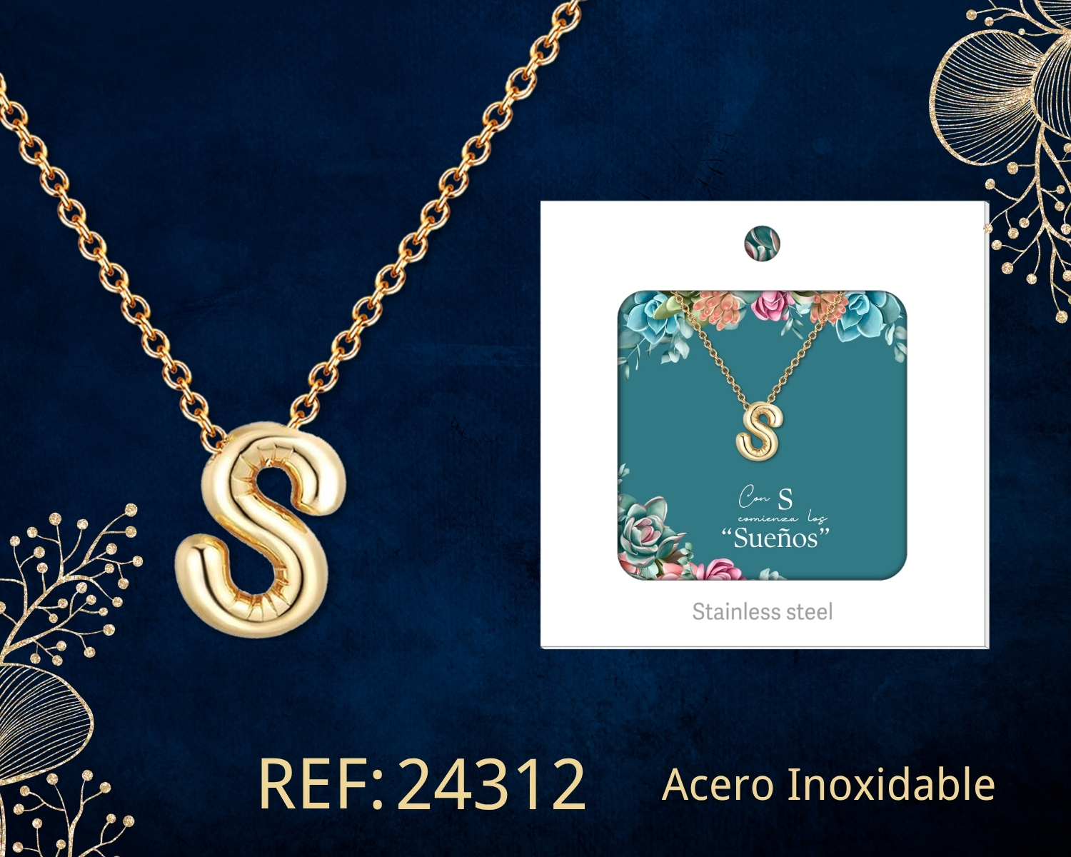 Collar Letra S Acero Dorado con Caja