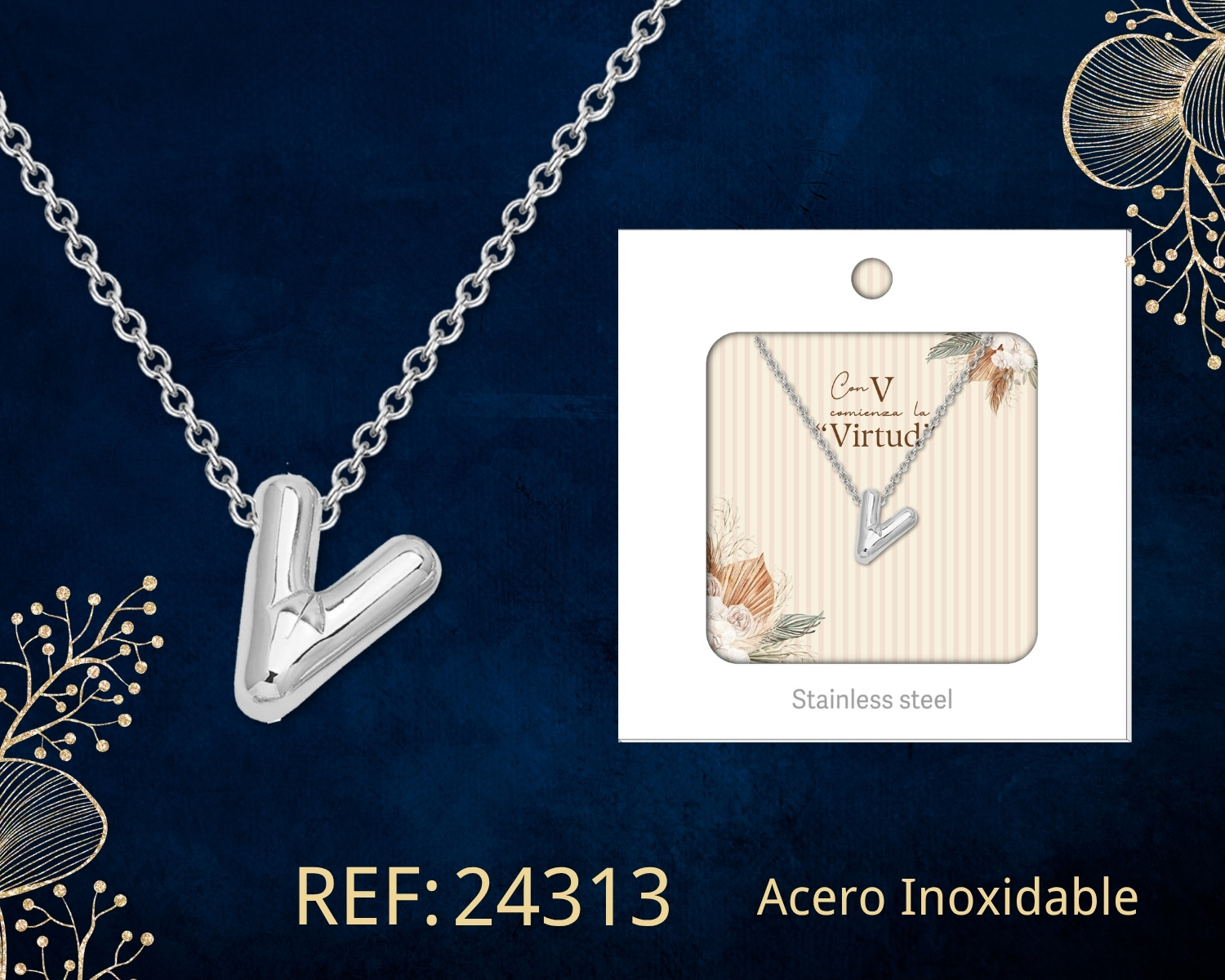 Collar Letra V Acero Plateado con Caja