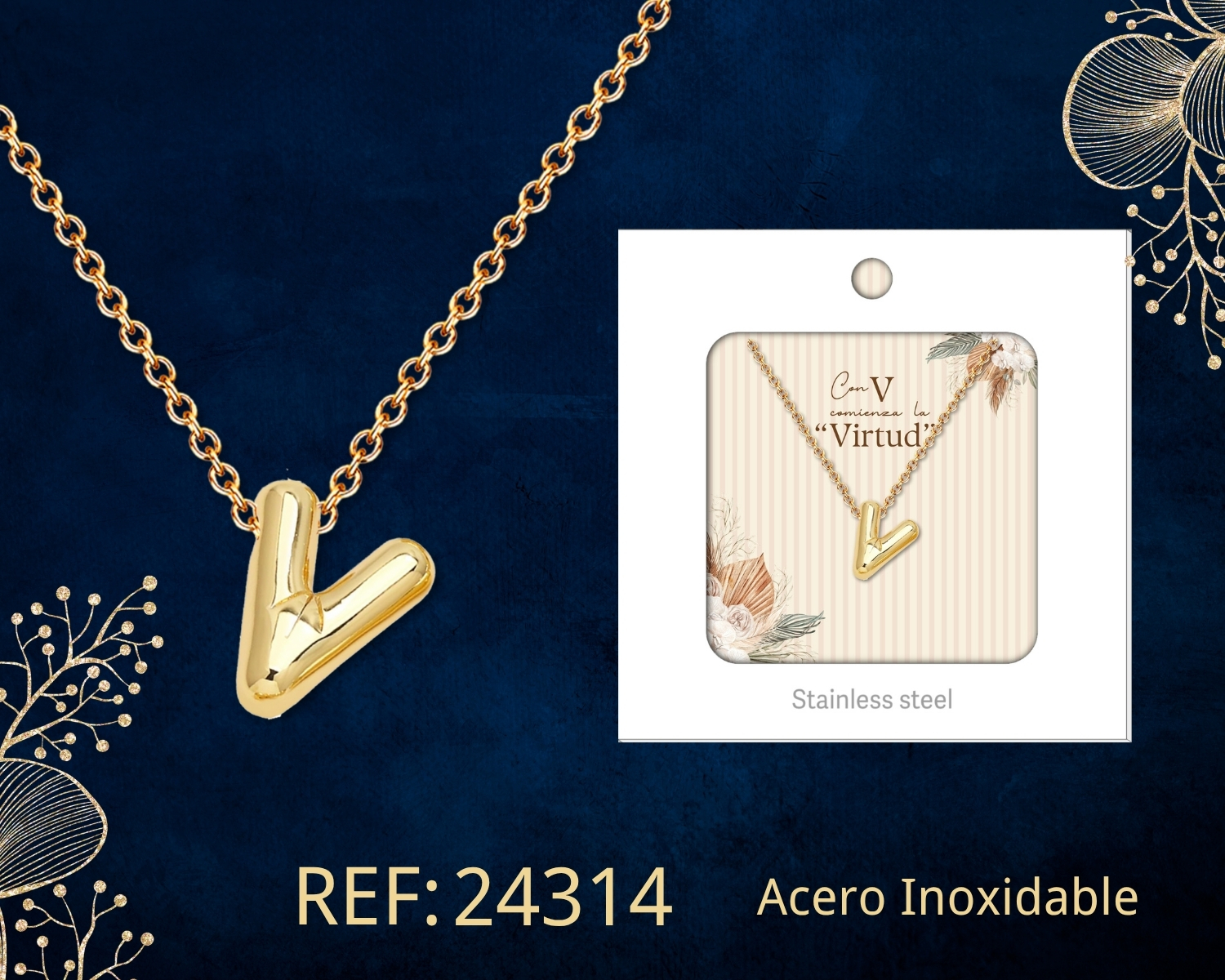 Collar Letra V Acero Dorado con Caja