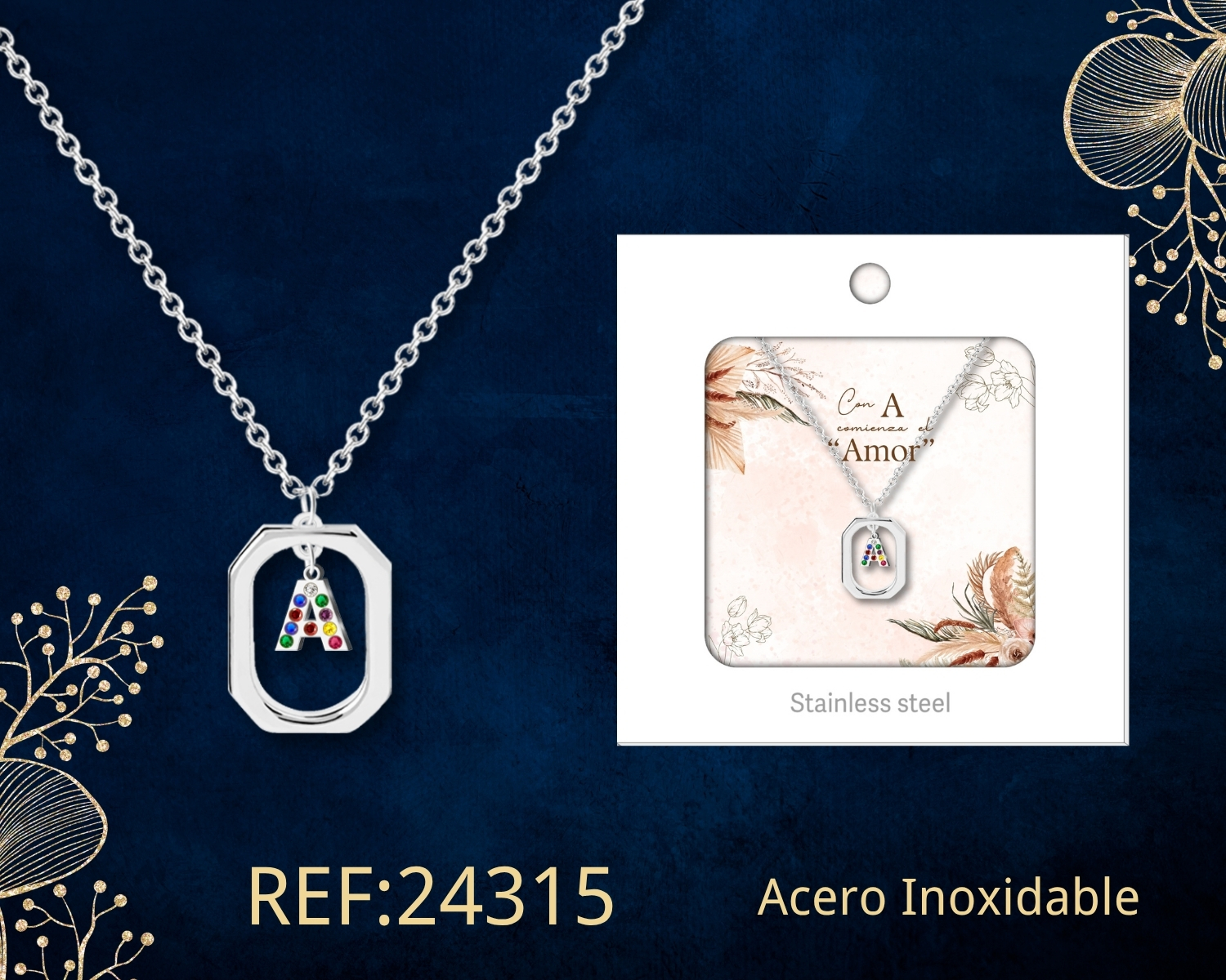 Collar Letra A Acero Plateado con Caja