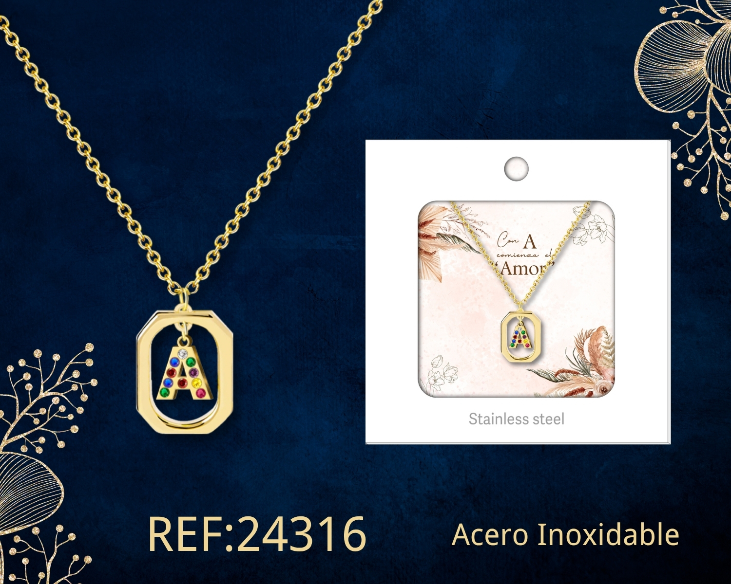Collar Letra A Acero Dorado con Caja