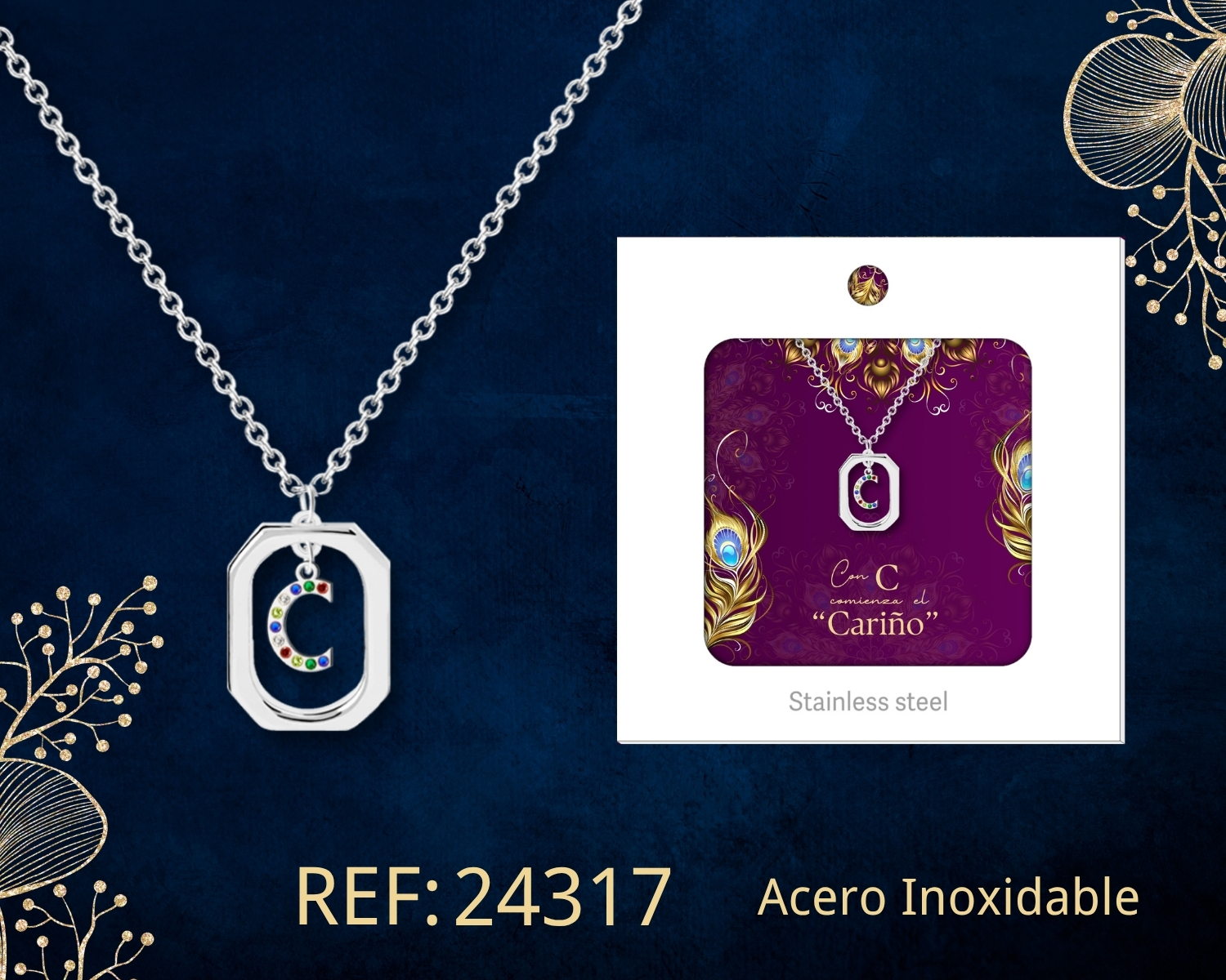 Collar Letra C Acero Plateado con Caja