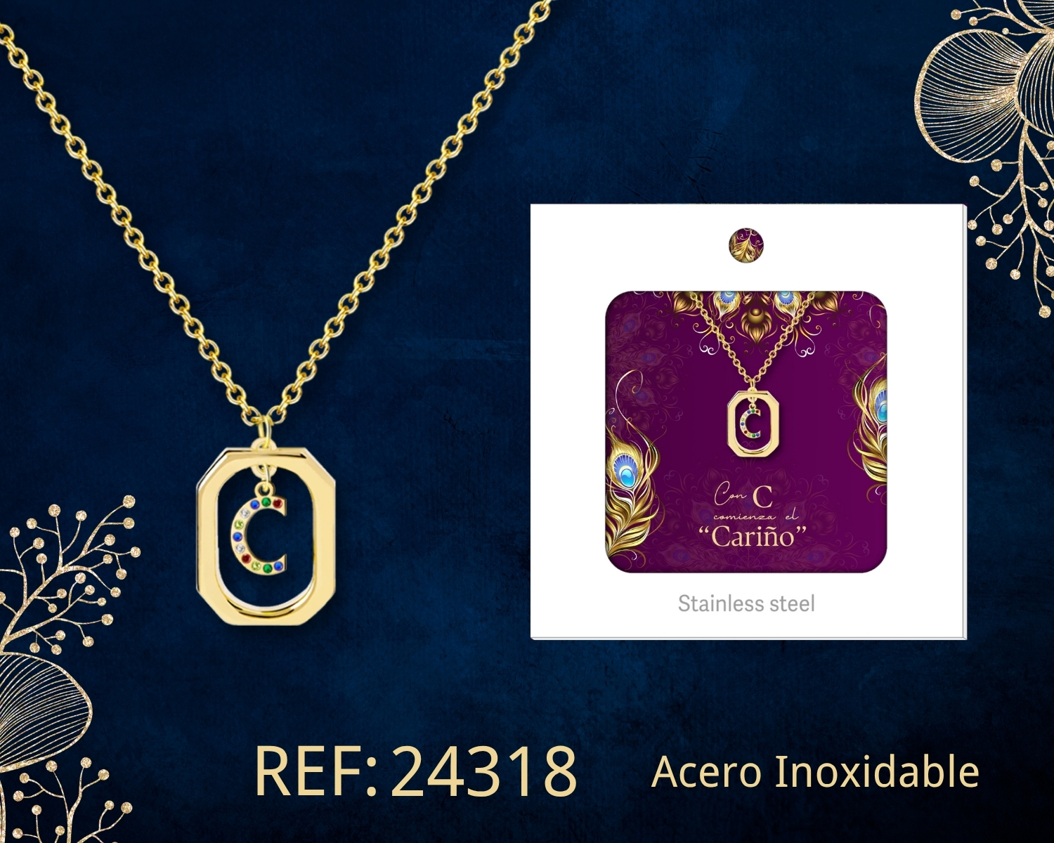 Collar Letra C Acero Dorado con Caja