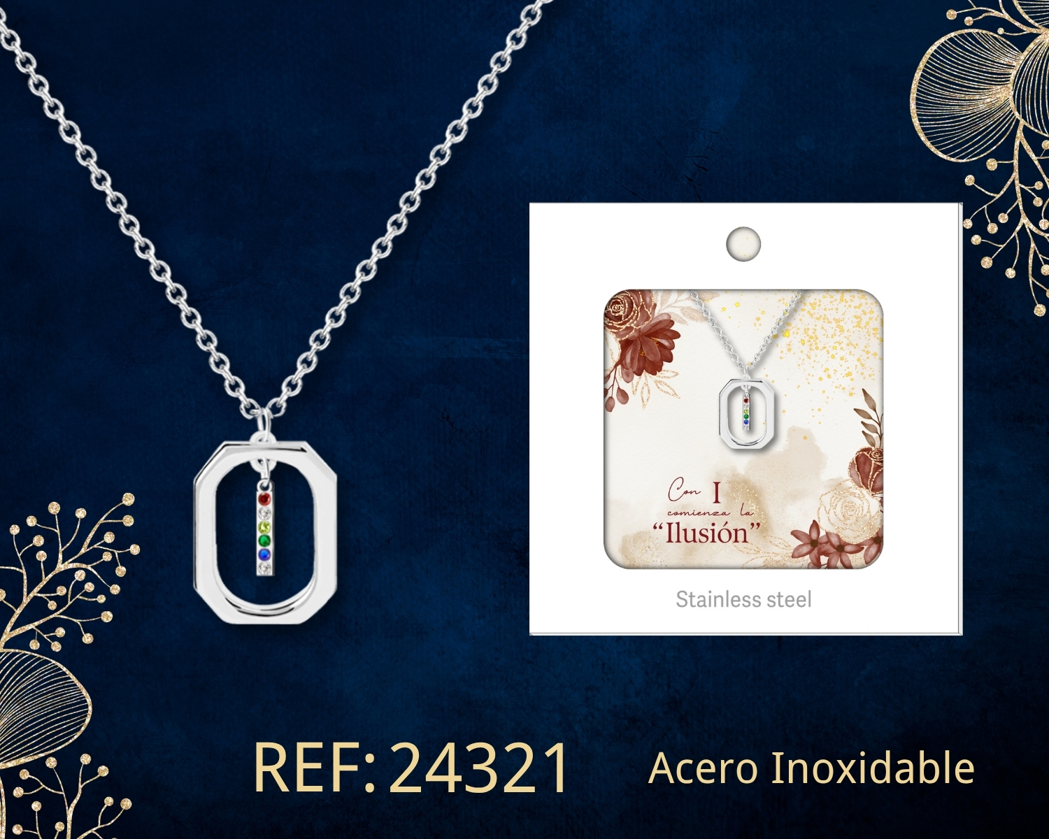 Collar Letra I Acero Plateado con Caja