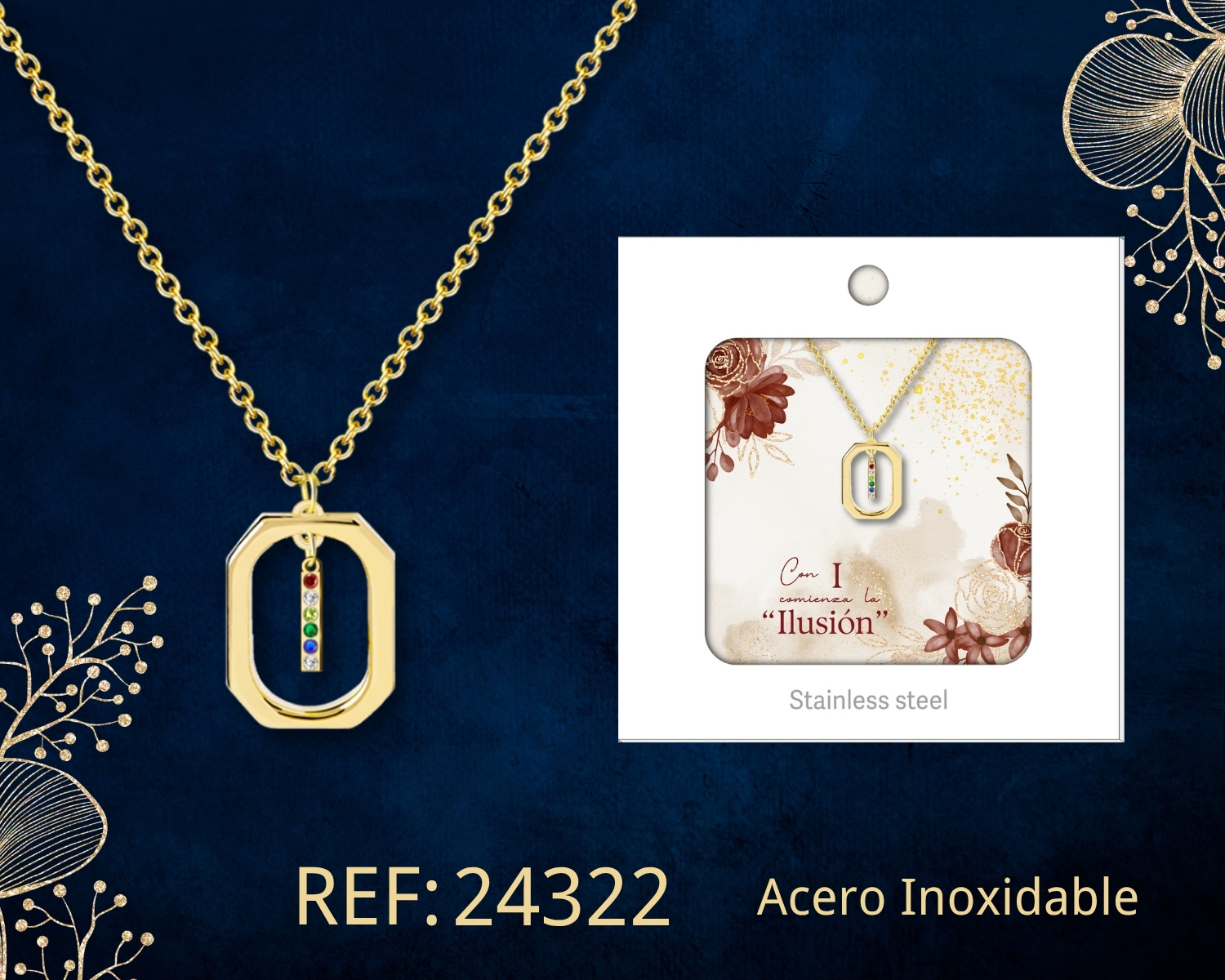 Collar Letra I Acero Dorado con Caja