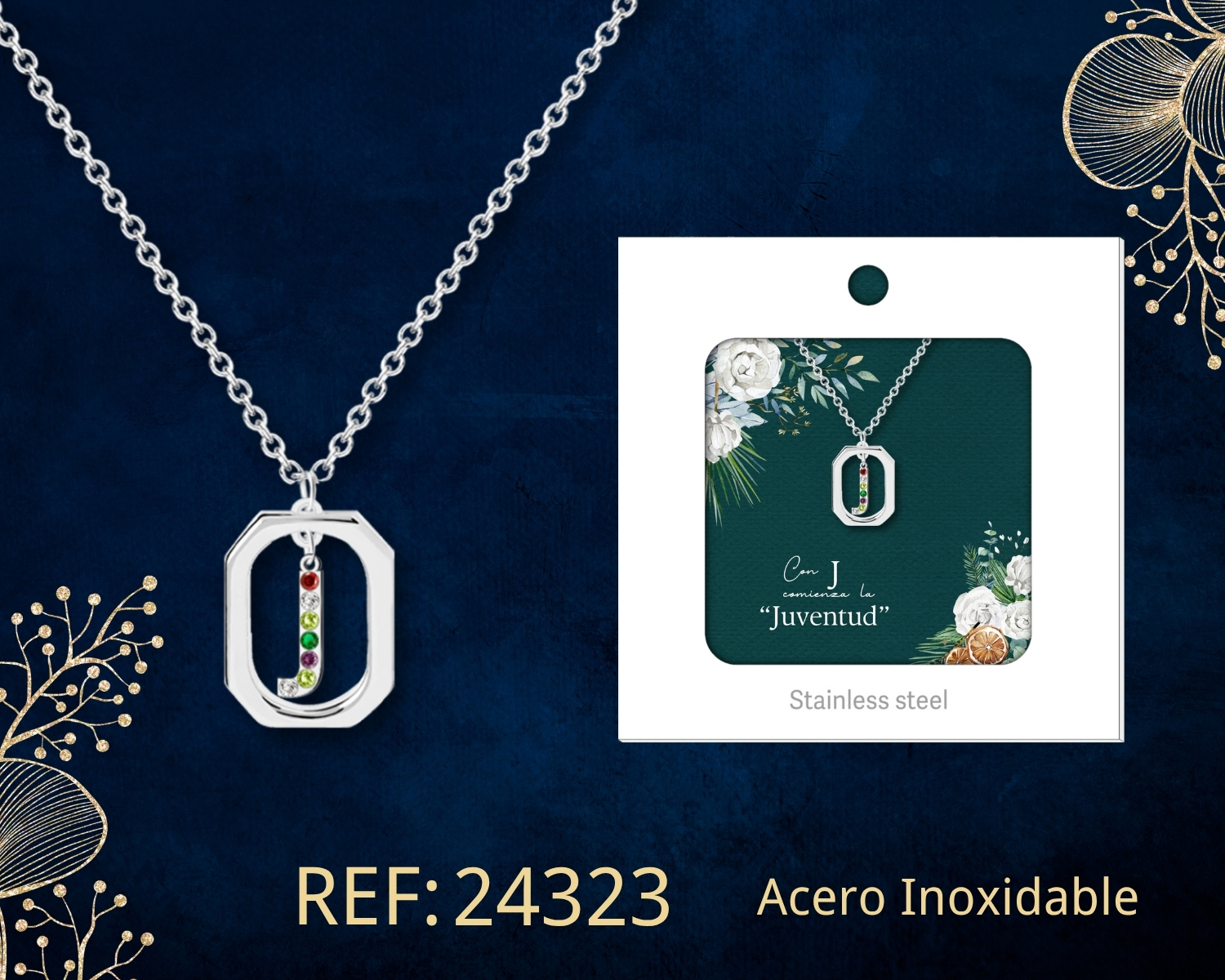 Collar Letra J Acero Plateado con Caja