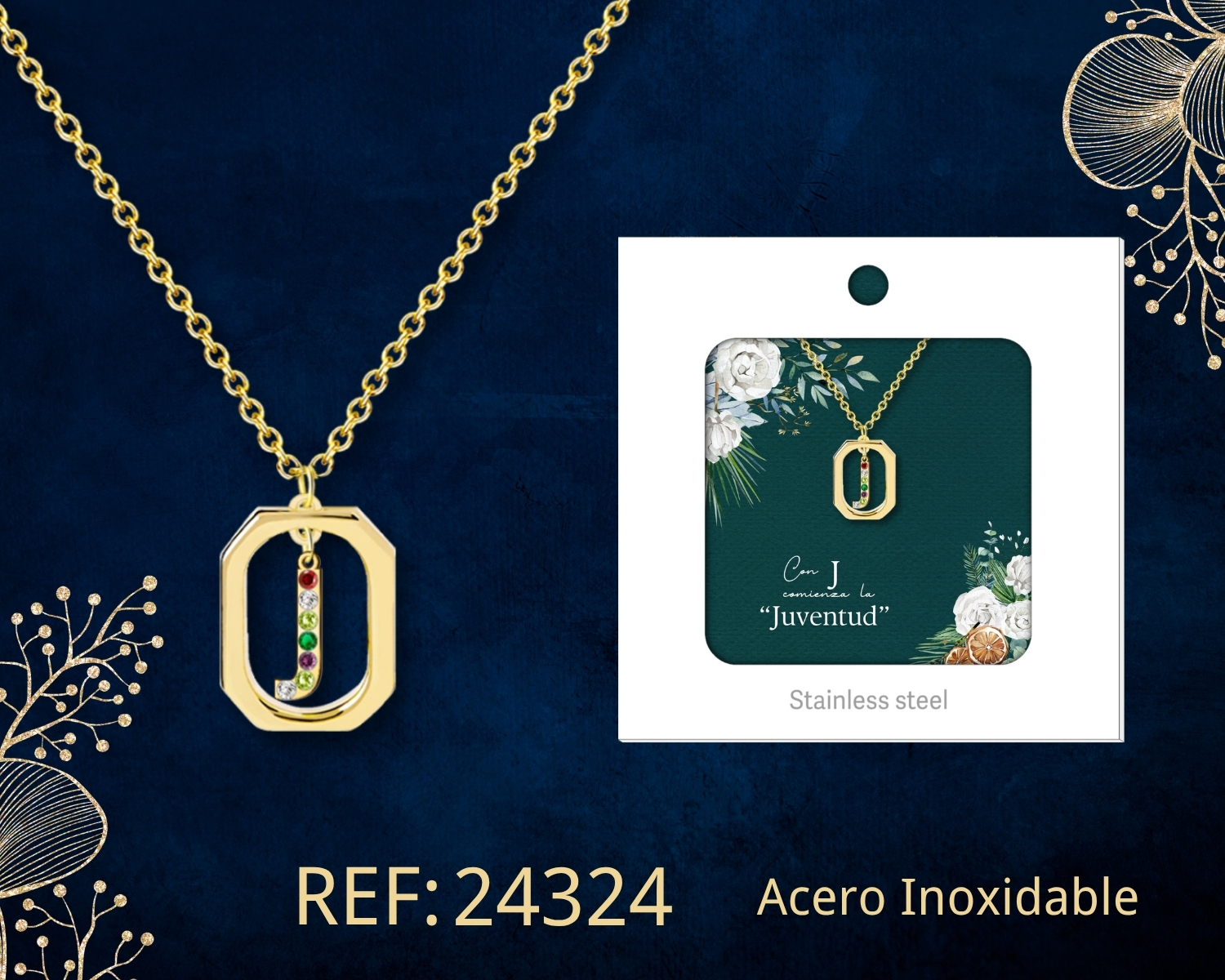 Collar Letra J Acero Dorado con Caja