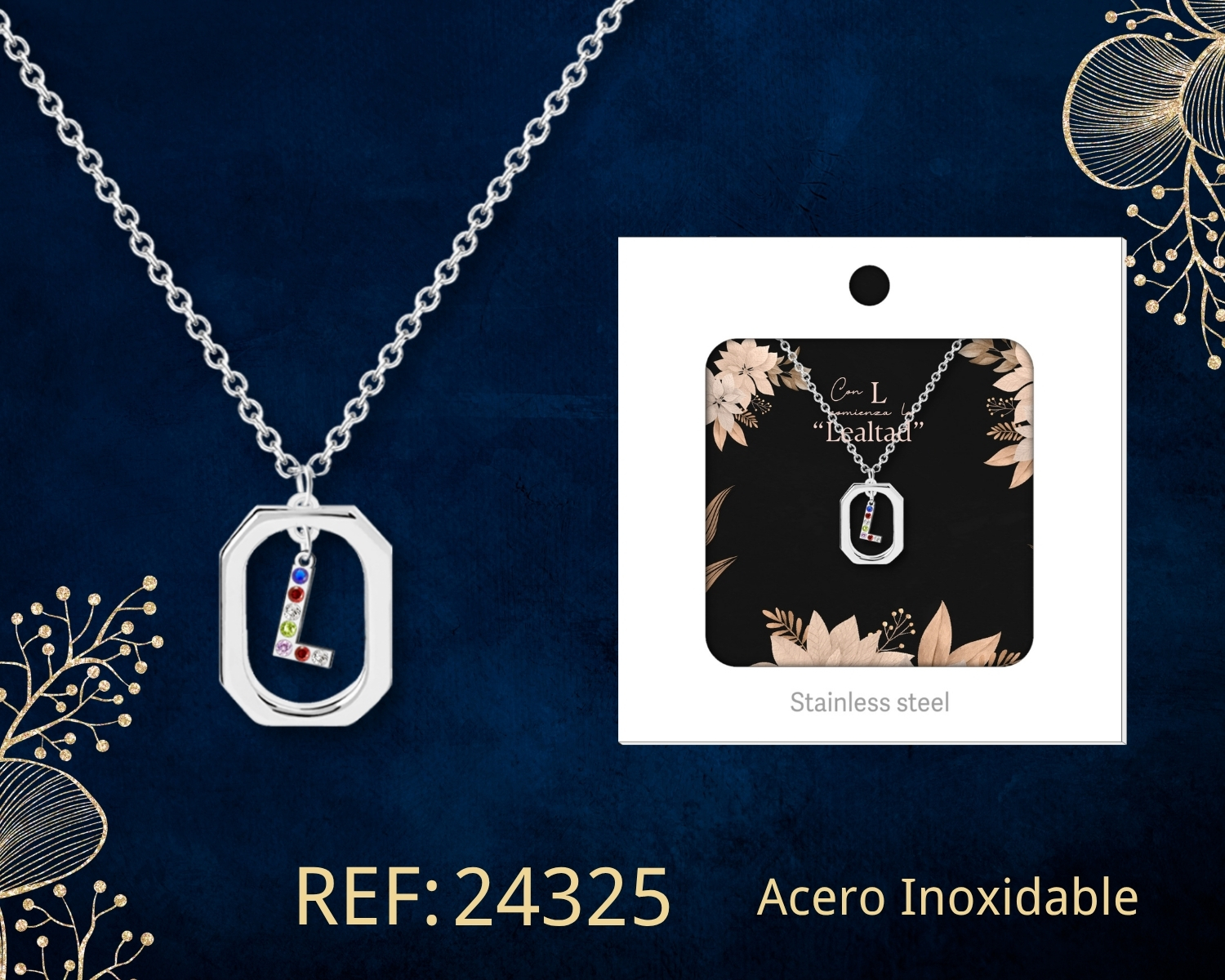 Collar Letra L Acero Plateado con Caja