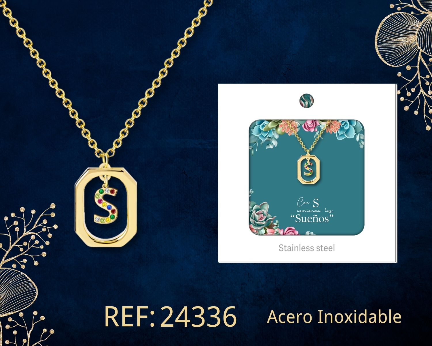 Collar Letra S Acero Dorado con Caja