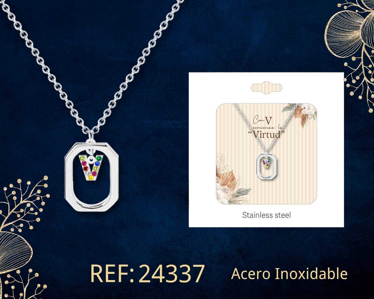Collar Letra V Acero Plateado con Caja