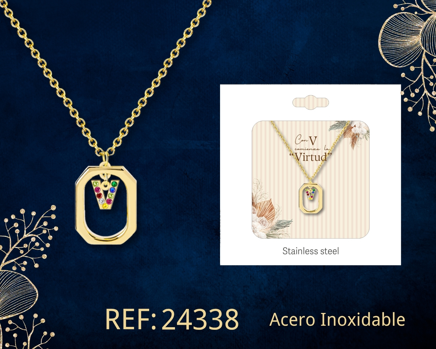 Collar Letra V Acero Dorado con Caja