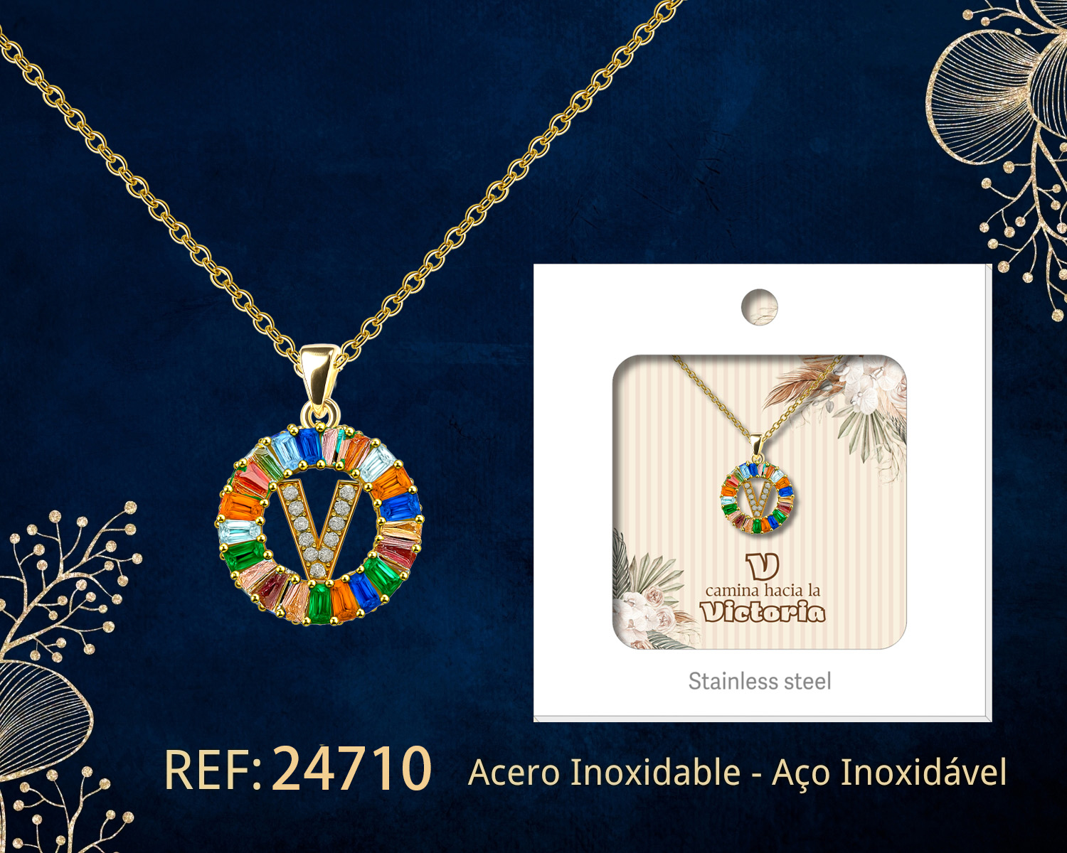 Colgante Letra V Chapado Oro 14K con Circonita