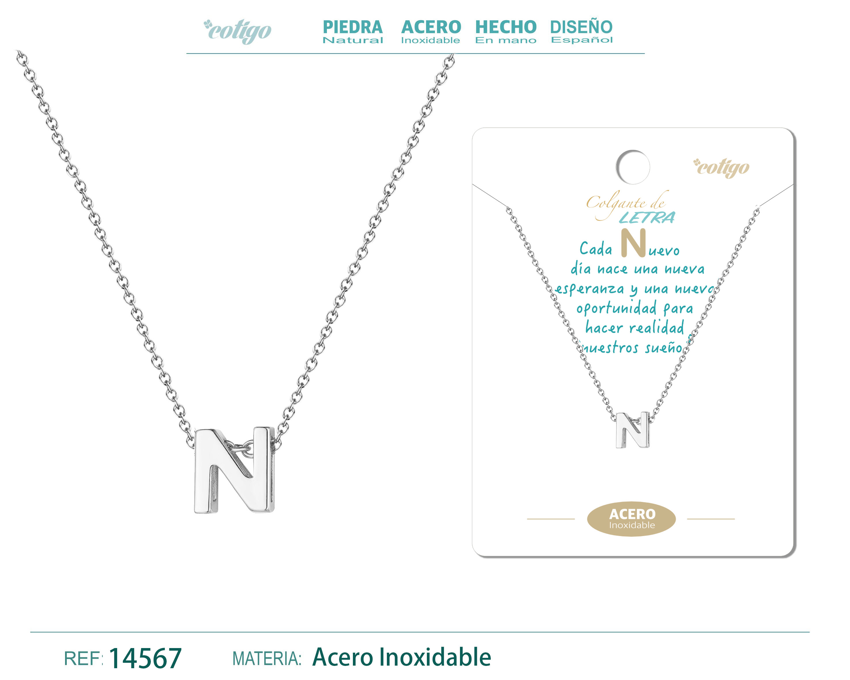 Collar Letra N Acero color Plateado