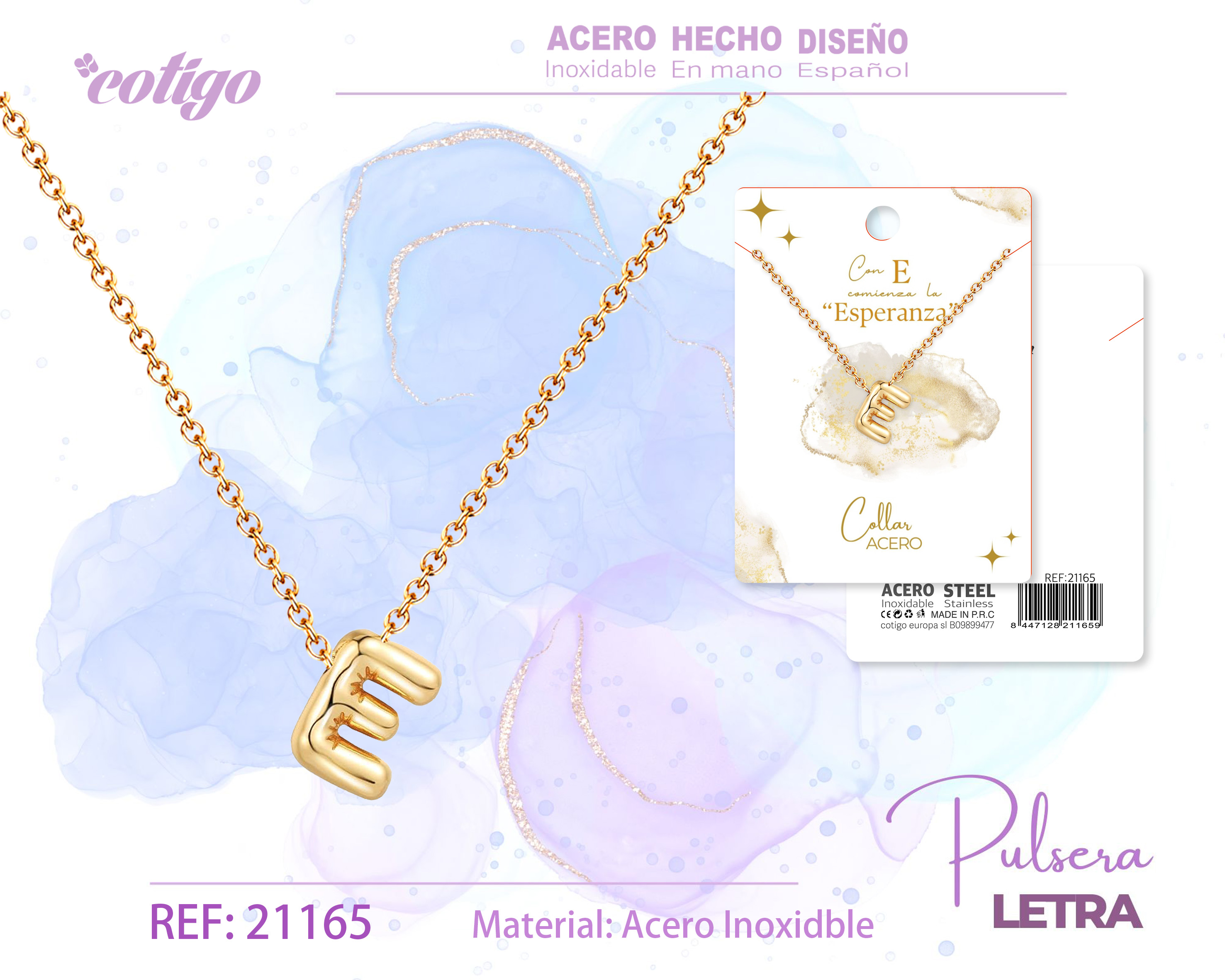 Collar Letra E Acero Dorado