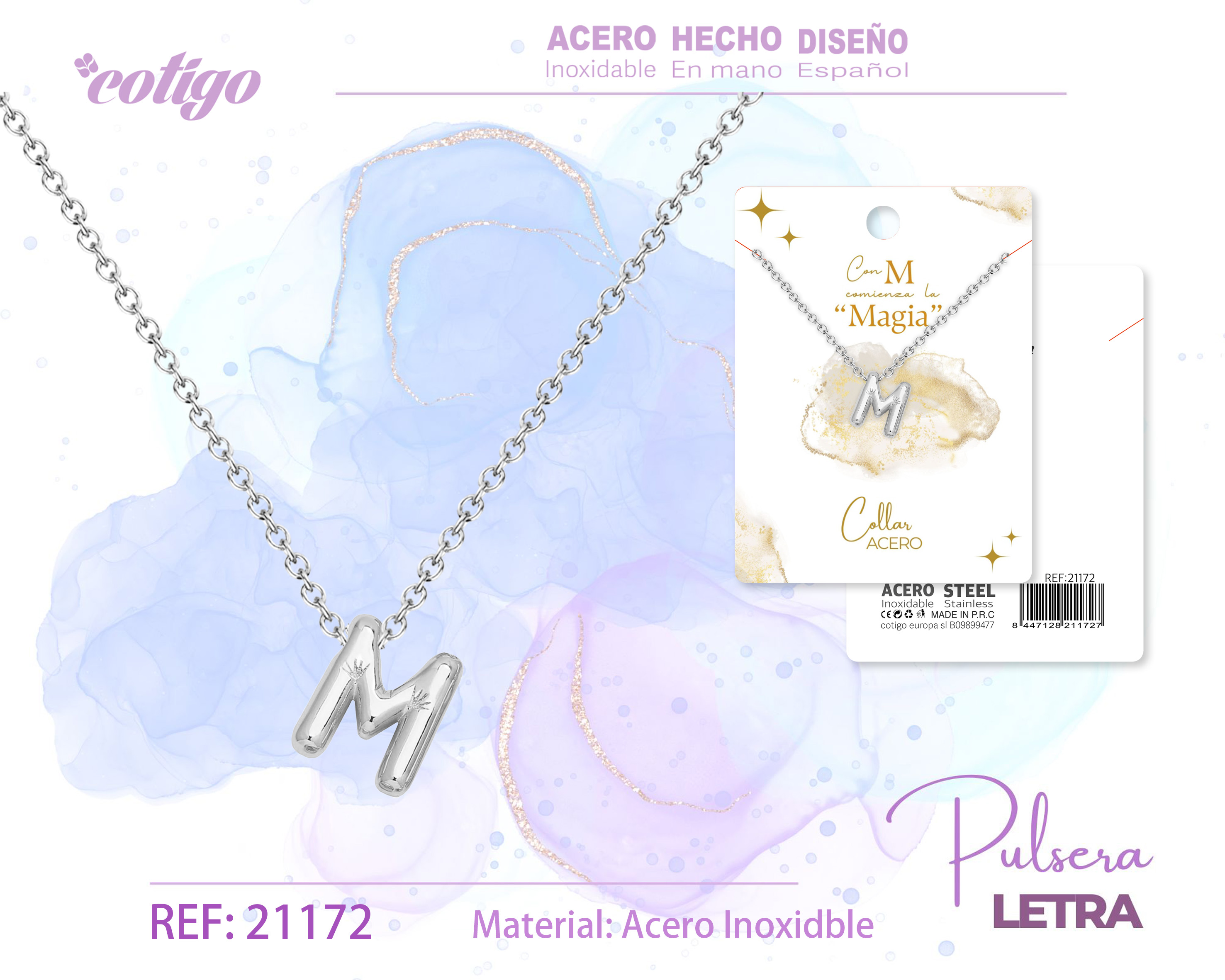 Collar Letra M Acero Plateado