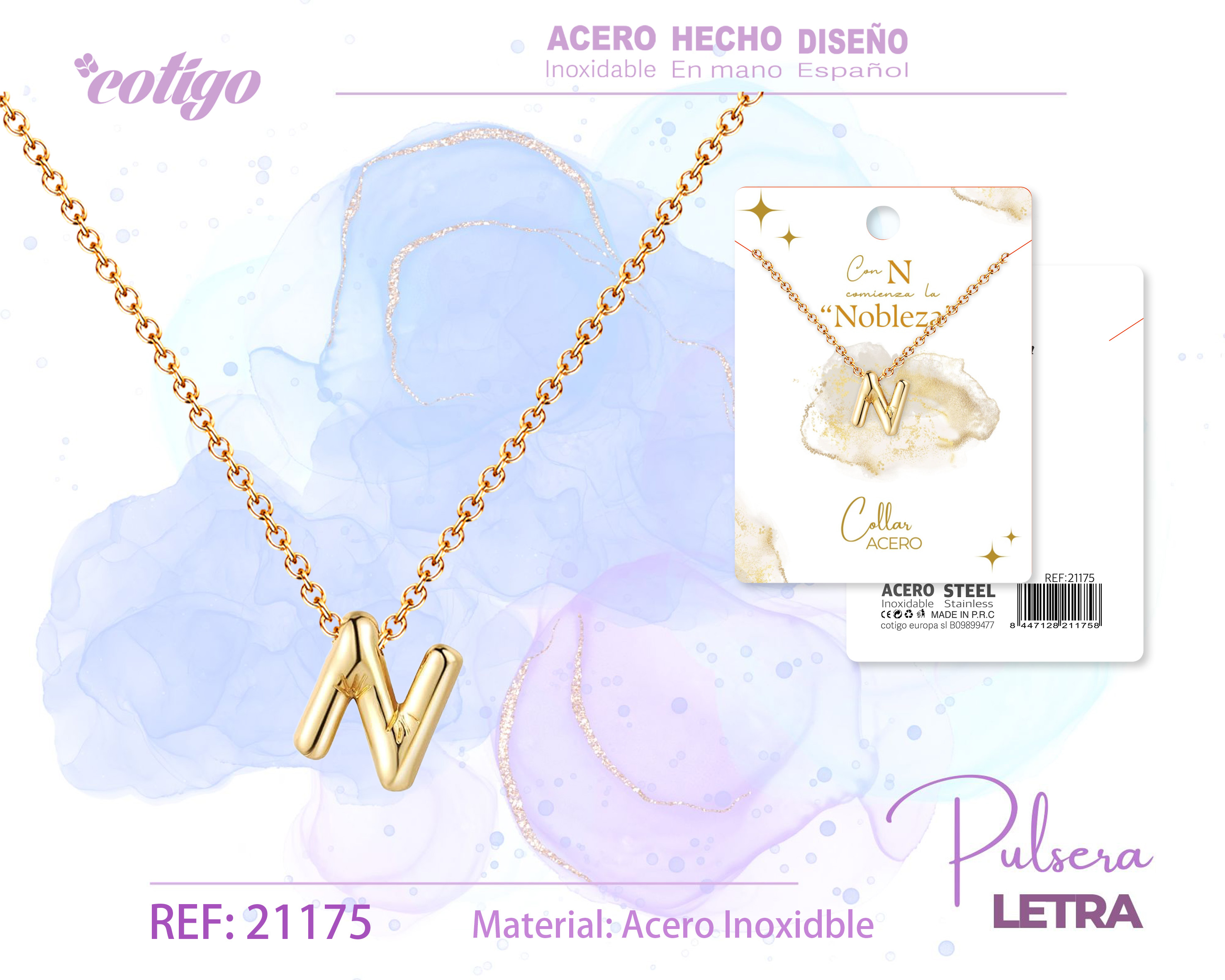 Collar Letra N Acero Dorado