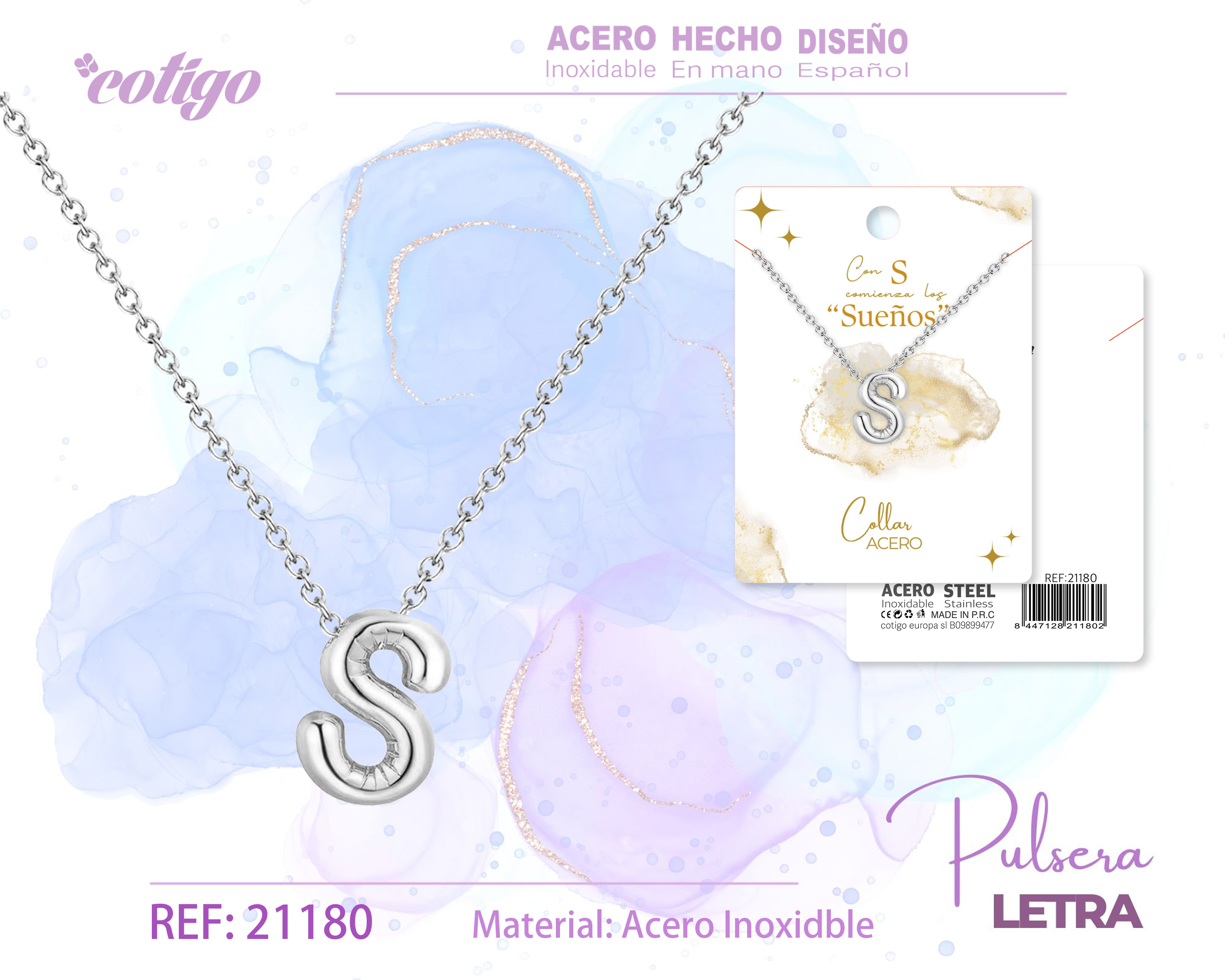 Collar Letra S Acero Plateado