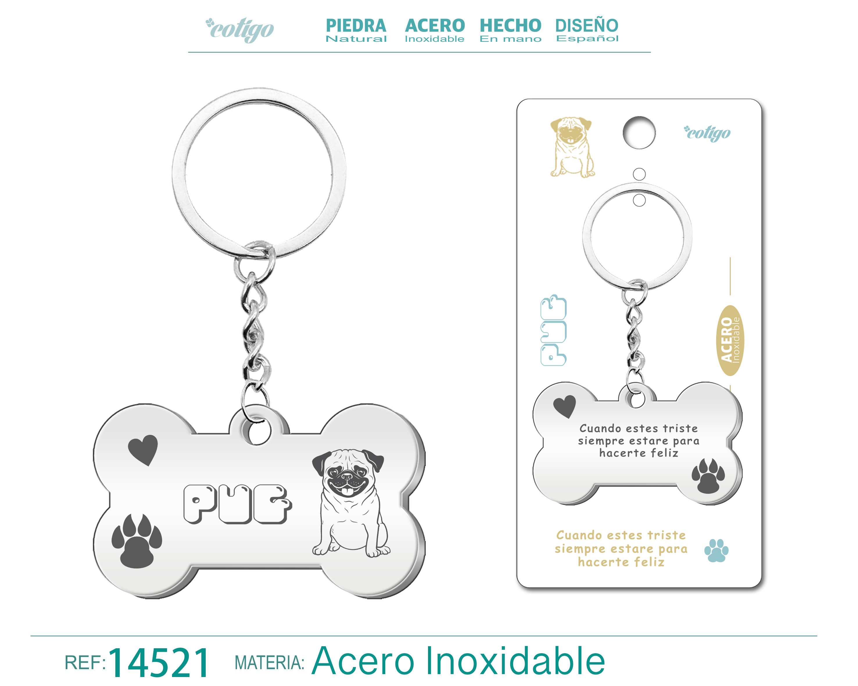 Llavero Acero de Perro Pug