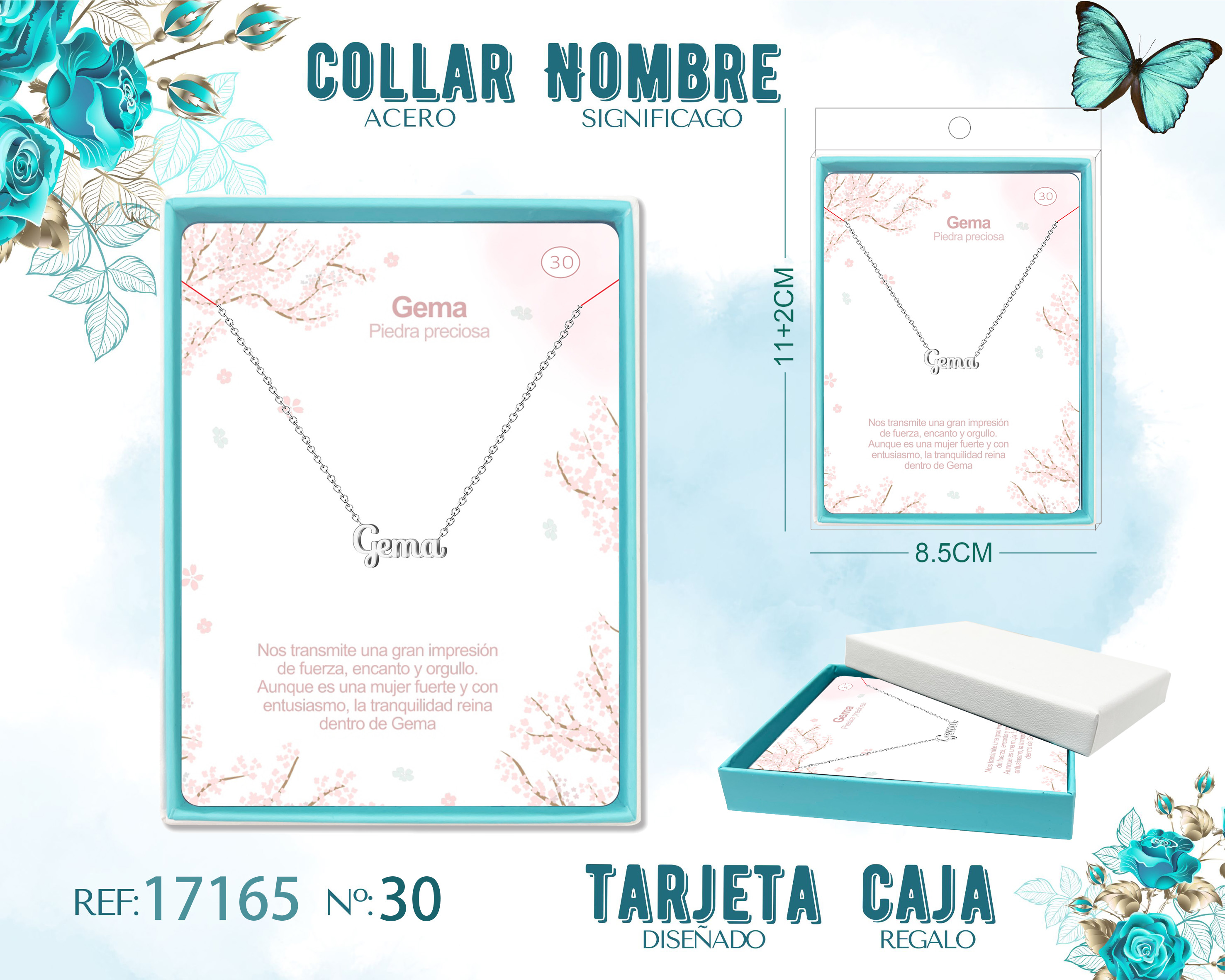 30 Collar Nombre- Gema -Acero Plateado