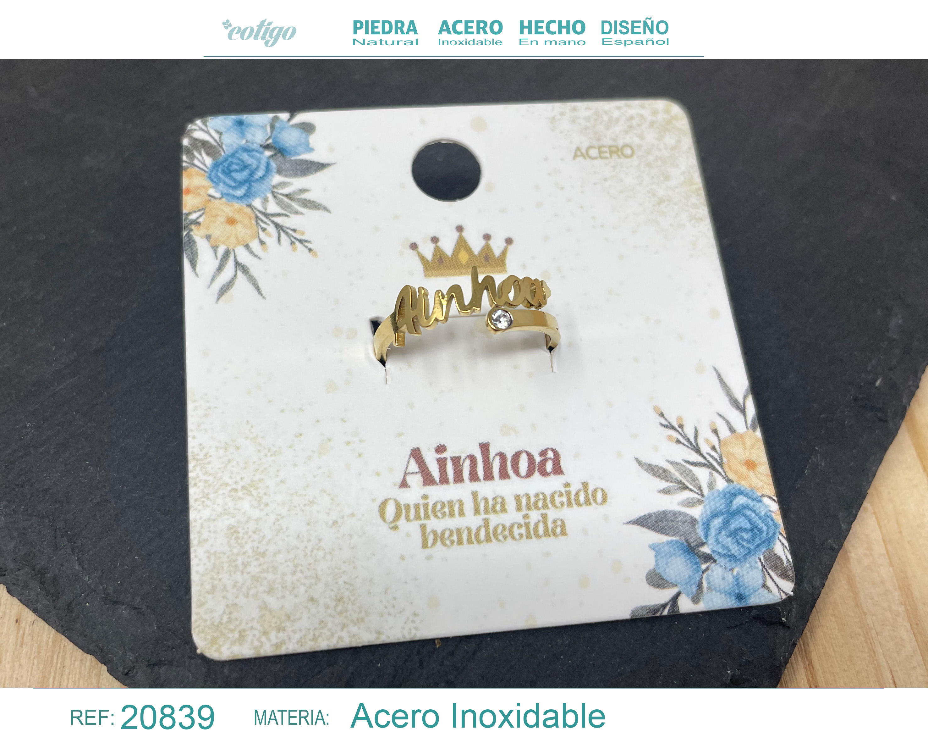 Anillo Nombre Ainhoa Acero Color Dorado